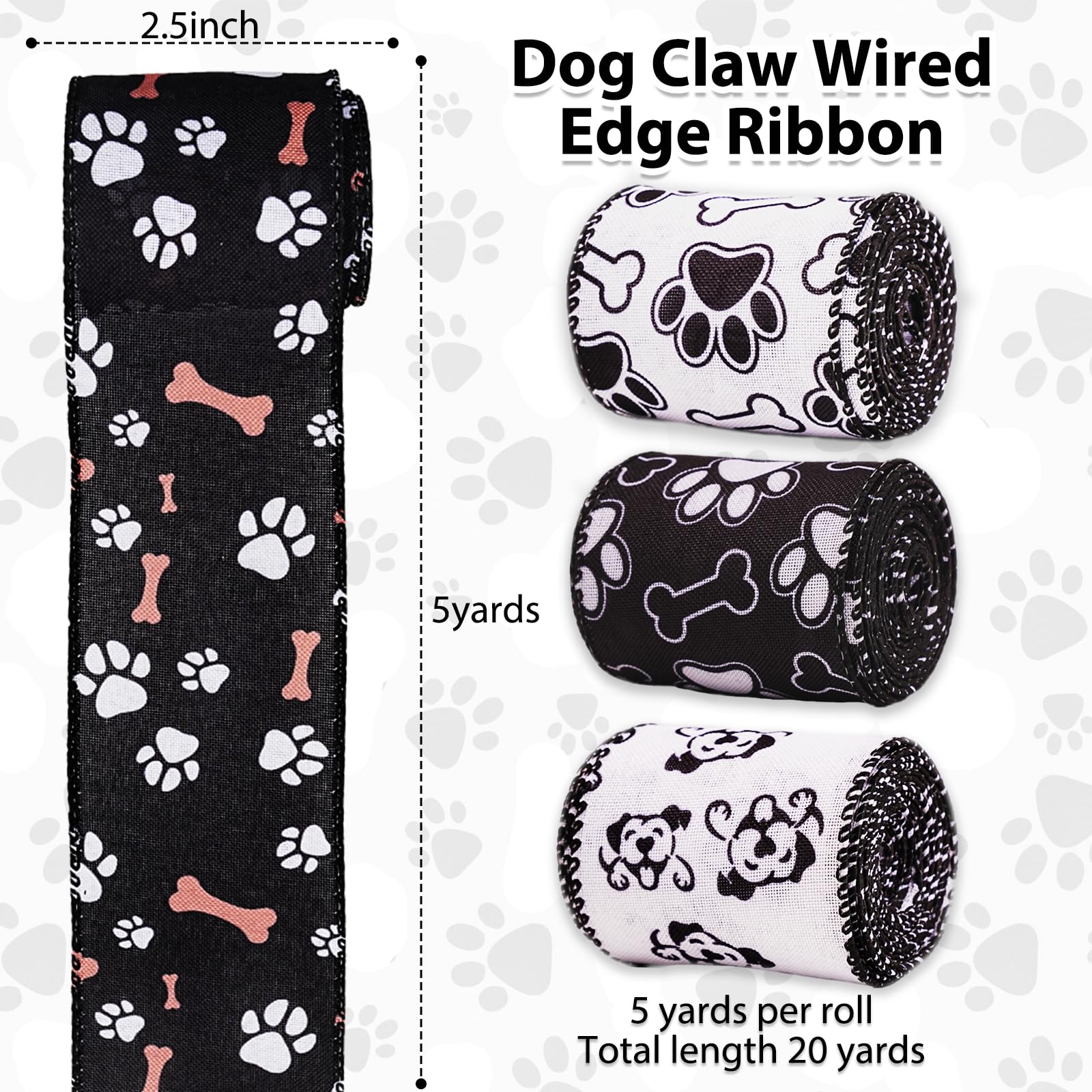 4 Rolls 24 Yards Dog Ribbon 2.5 Inch Wired Paw Print Wired Ribbon for Christmas DIY Wrapping Wedding Floral Bows Decor Home Party Ornaments (Dog Paw)