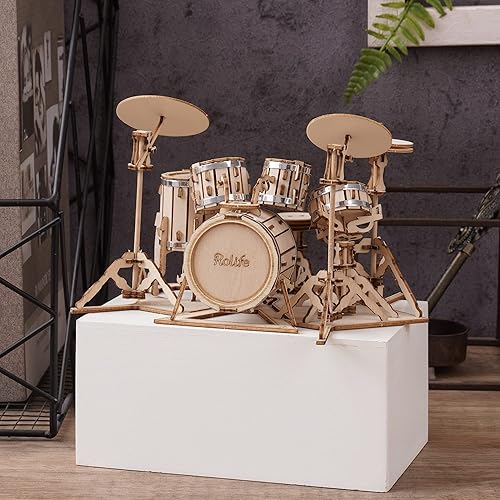 Miniatura 4 de Rolife Kit de modelos de rompecabezas de madera 3D para adultos y adolescentes para construir series de instrumentos musicales (kit de batería)