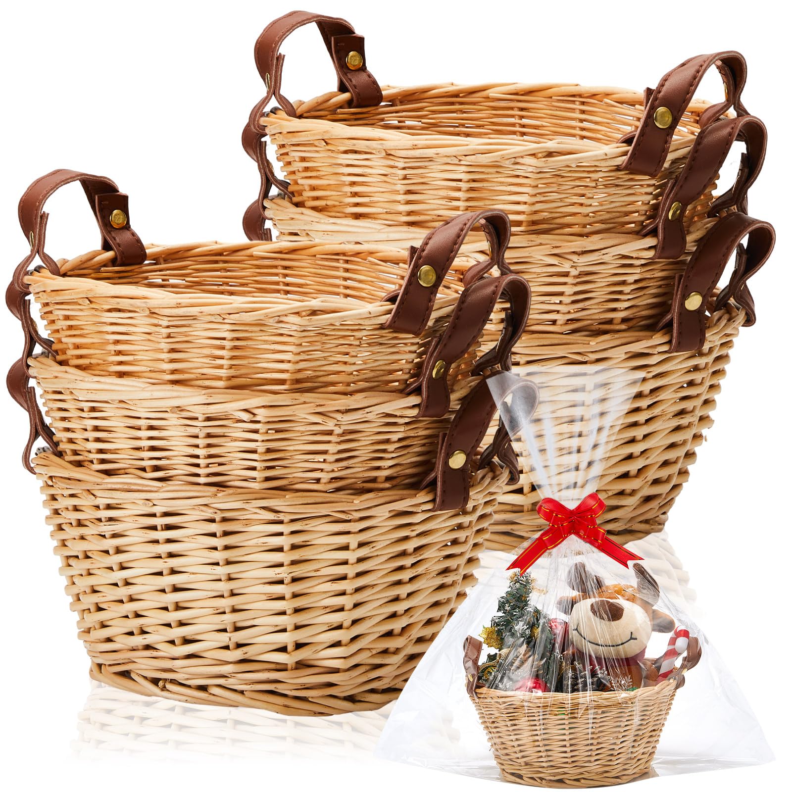 Sintuff Kleiner Weidenkorb für Geschenke, leer zum Befüllen von Schokolade, Nüssen, Keksen, Früchten, mit transparenten Zellophanbeuteln und roten Schleifen, für Urlaub, Hochzeit, Geschenkkorb mit