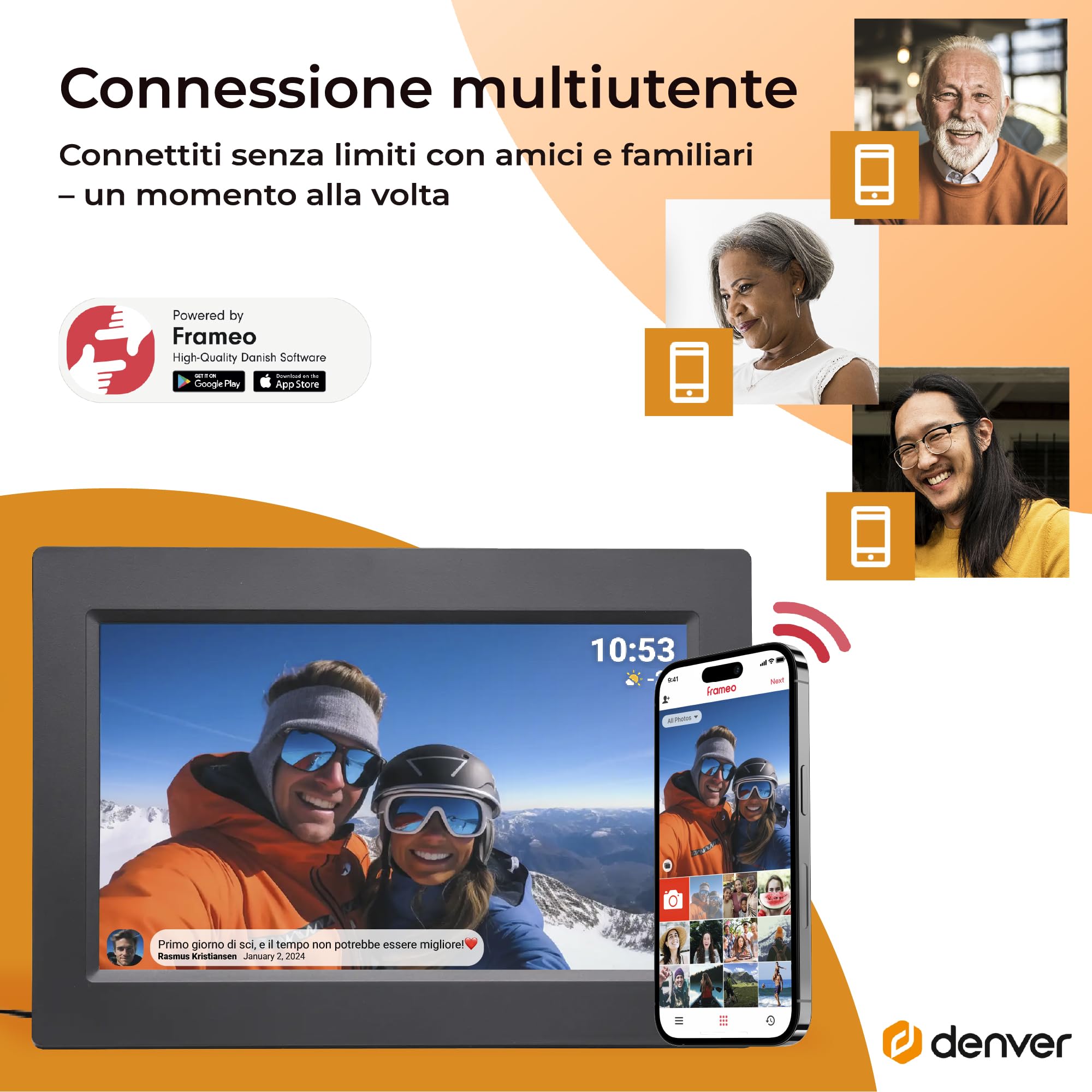 Cornice Digitale 10 Pollici WiFi – Schermo IPS HD 1280x800 – Portafoto Digitale Frameo Denver per Foto e Video – Cornice Elettronica Touchscreen Smart – 16GB Memoria – Slot microSD – Nera