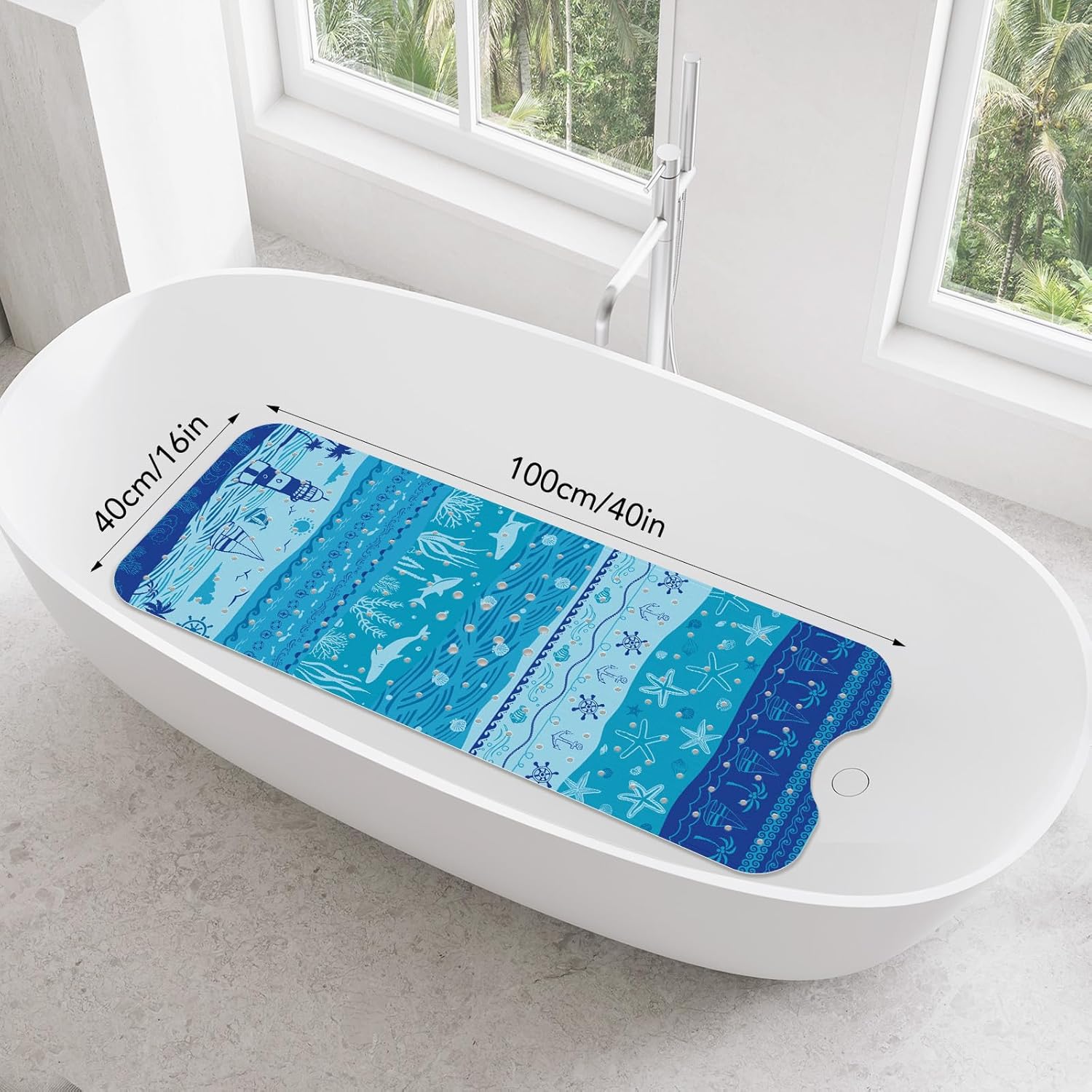 SHUCHING Blue Ocean Bath Mat for Tub Non Slip-40 X 16Inch, Sea Bathtub Mat Anti Slip, Extra Long Shower Mat for Bathroom Mold Free, Machine Washable