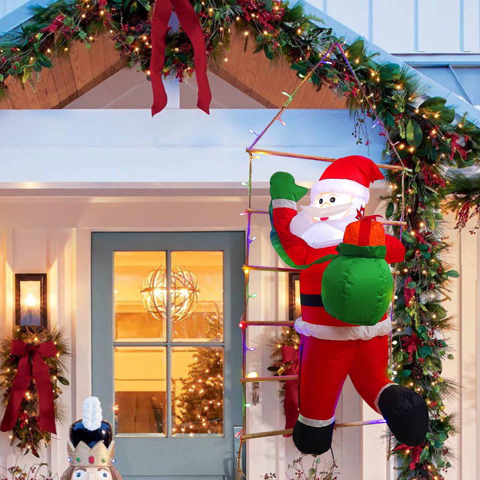 5 ft hanging christmas inflatables decorations santa claus climbing decor - hanging santa with gift bag & built-in led lights for xmas party, lawn, garden, roof, window holiday display