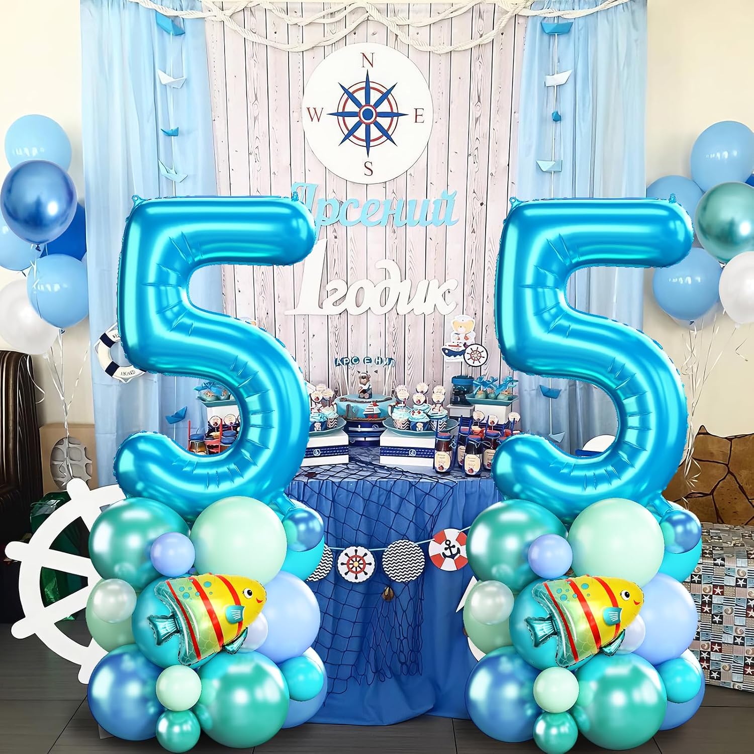 40 Inch Number 5 Balloon Blue Ocean Under the Sea Number Five Foil Balloons Tower with Shark Bubble Fish for Boys 5th Birthday Party Decor Blue Green Underwater Digital Aluminum Balloons Stack