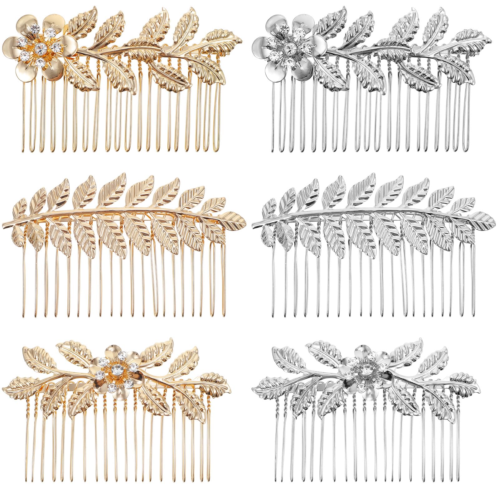 Ymapinc Fermagli per capelli con strass, 6 pettini per capelli a forma di foglia argento e oro, accessori da donna, pettini laterali per sposa in metallo con denti, accessori per capelli con strass