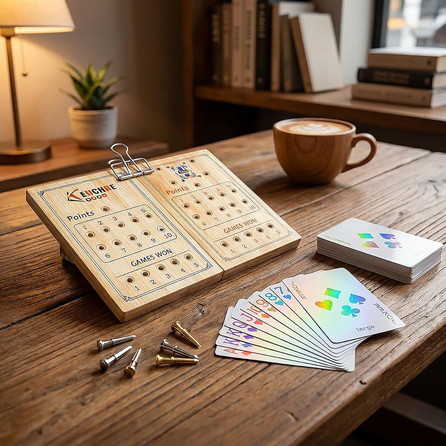 Wooden Euchre Peg Board Score Keeper Box – Foldable Euchre Scoreboard with Metal Pegs for Travel & Home, Storage Pouch Included (Wood)