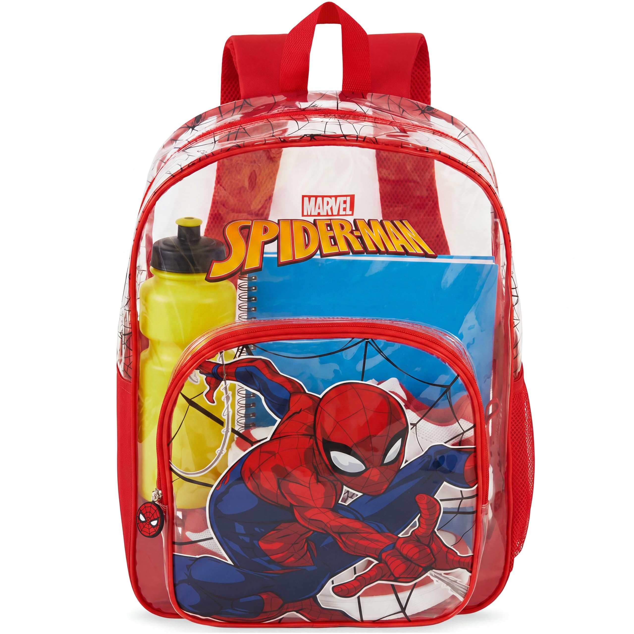 Get Trend Marvel Spiderman Boys Clear Backpack for Stadium Events, 17 inch Transparent School Bookbag, See Through Travel Bag with Straps, Gifts for Boys (Red Spiderman)