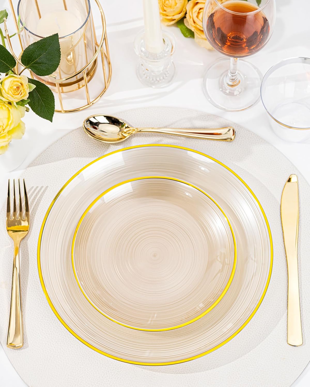 Morejoy 175PCS Clear Brown Plastic Plates - Disposable Gold Party Plates & Pre Rolled Napkins with Cutlery for 25 Guests, 50Plates, 75Silverware, 25Cups, 25Napkin for Party & Christmas - Image 8