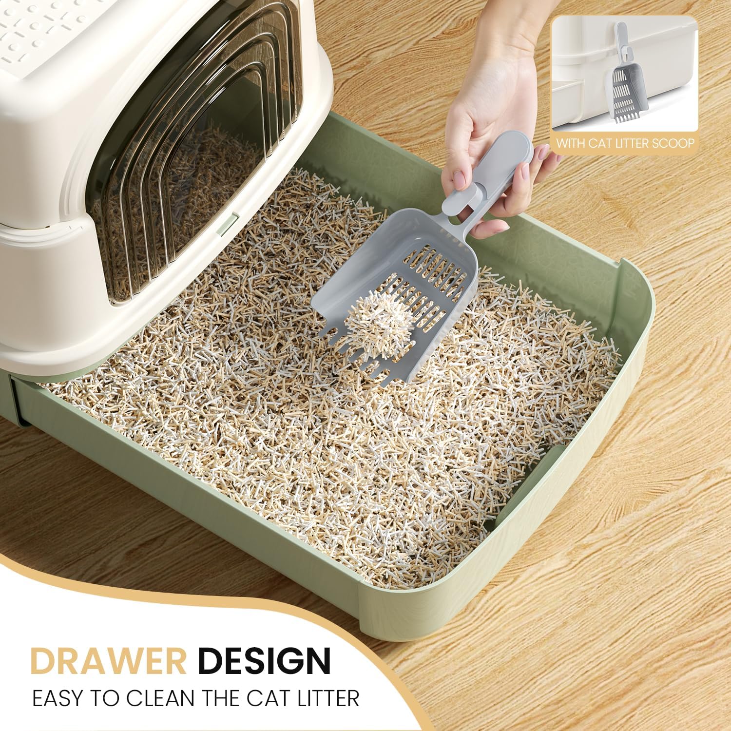 Basics Cat Litter Box with Lid,Fully Enclosed Litter Box with Scoop,Standard Kitty Litter Boxes with Drawer,Front Entry Top Exit Kitty Box,Non-Sticky, Anti-Leakage, Easy Cleaning (Green)