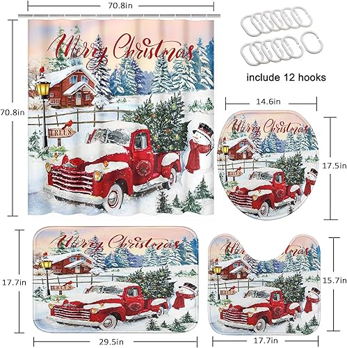 Miniatura 4 de Emvency Juego de cortinas de ducha de Navidad con tapa de inodoro y alfombras antideslizantes, diseño de bosque de invierno, nieve, camión, muñeco