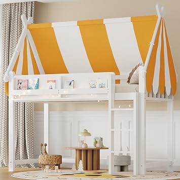 VilroCaz Twin Size Loft Bed with Canopy and LED Lights, Wood Low Loft Bed Frame with Front Display Bookshelf for Kids Teens, Spacious Space Underneath White-11.20, Twin