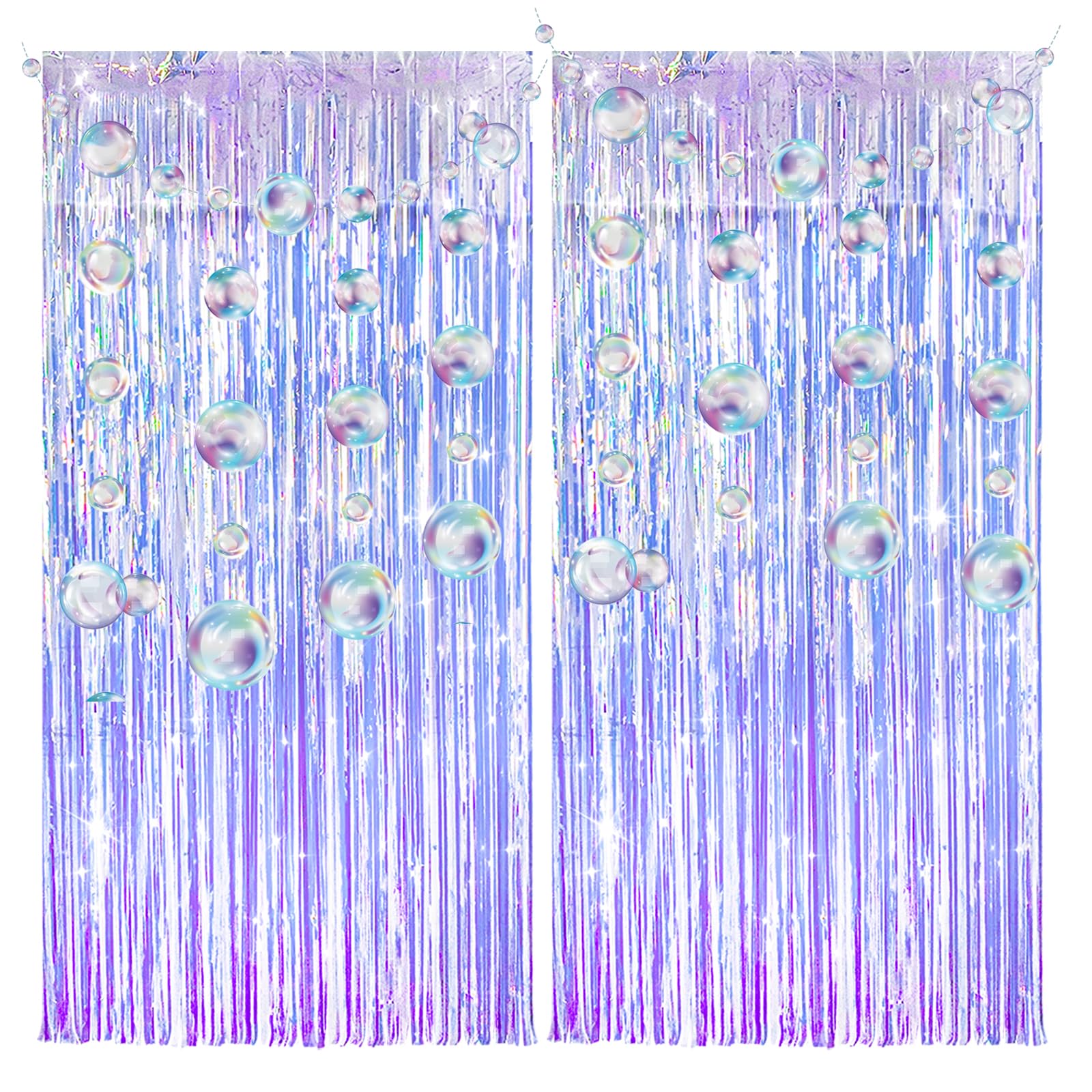 2 Pack Iridescent Party Streamers Tinsel Foil Fringe Curtain with 2 Pack Colorful Bubble Garlands Foil Curtains Backdrop for Freezing Ocean Party