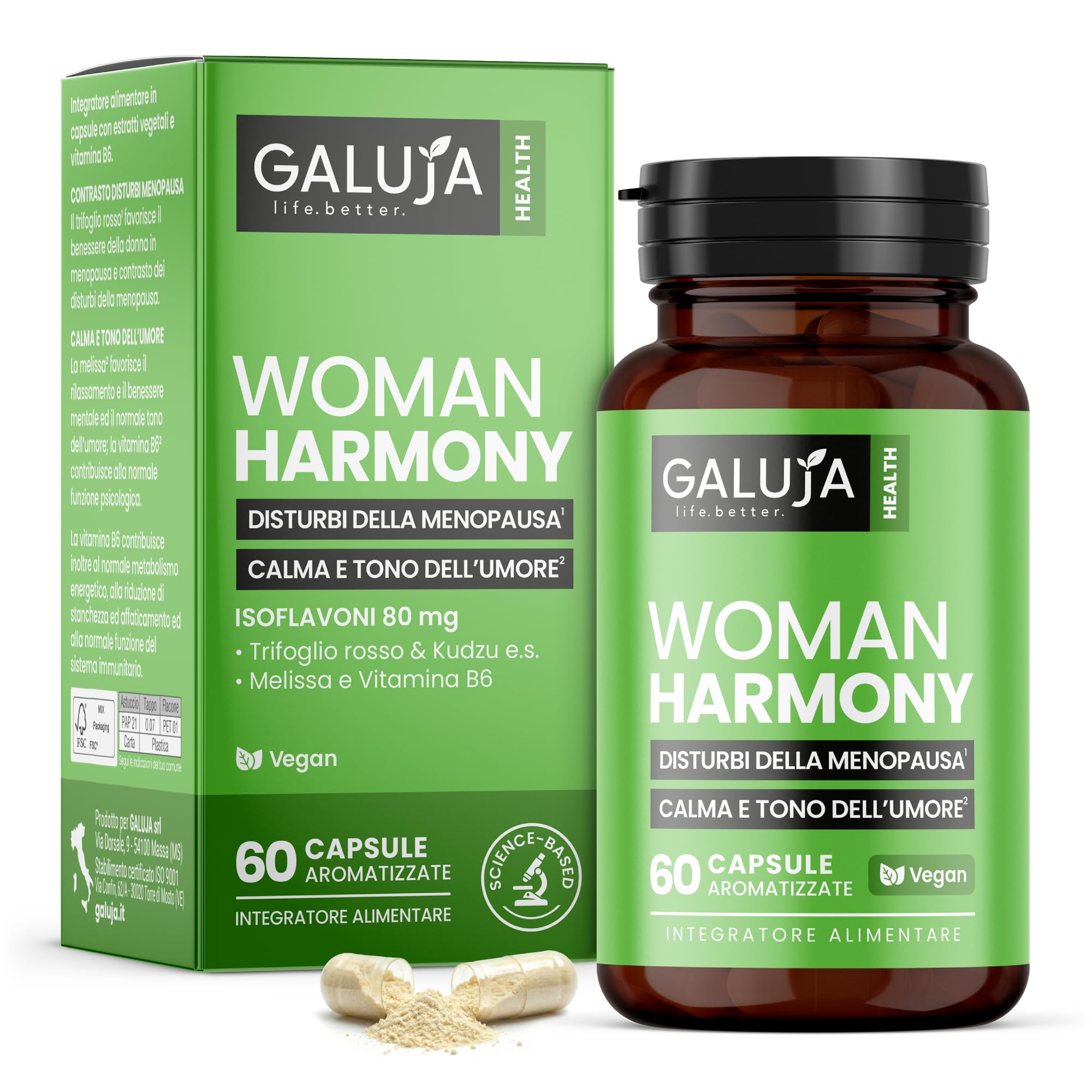 Woman Harmony - Integratore Menopausa & Benessere Femminile - Isoflavoni 80 mg - 30 giorni (60 caps) - Vegan, senza glutine e lattosio, aroma pesca - Melissa + Vitamina B6