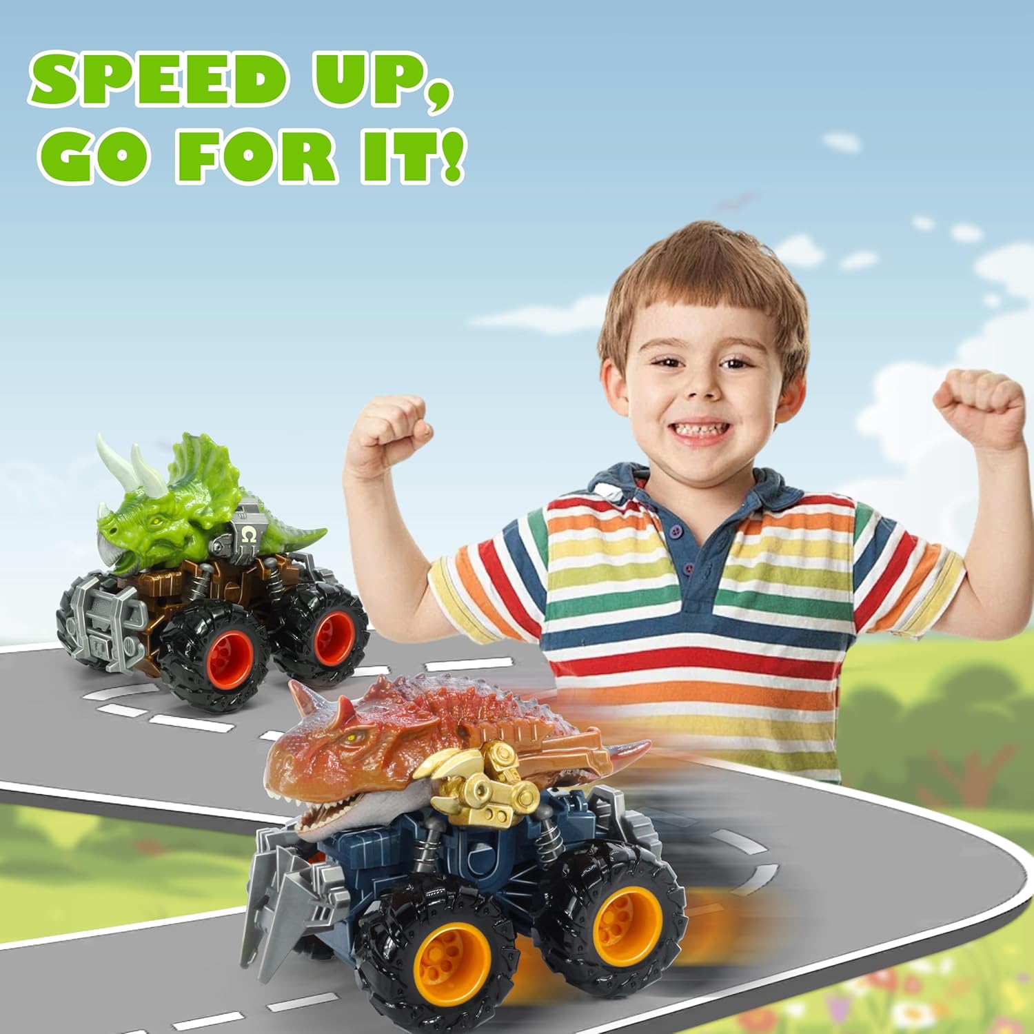 Oriate Dinosaur Monster Truck Triceratops and Carnotaurus Car Toys for Kids 3-5, Dino Stunt Race Push and Go Car 3-8, Outdoor Toys for Toddlers Boys Girls