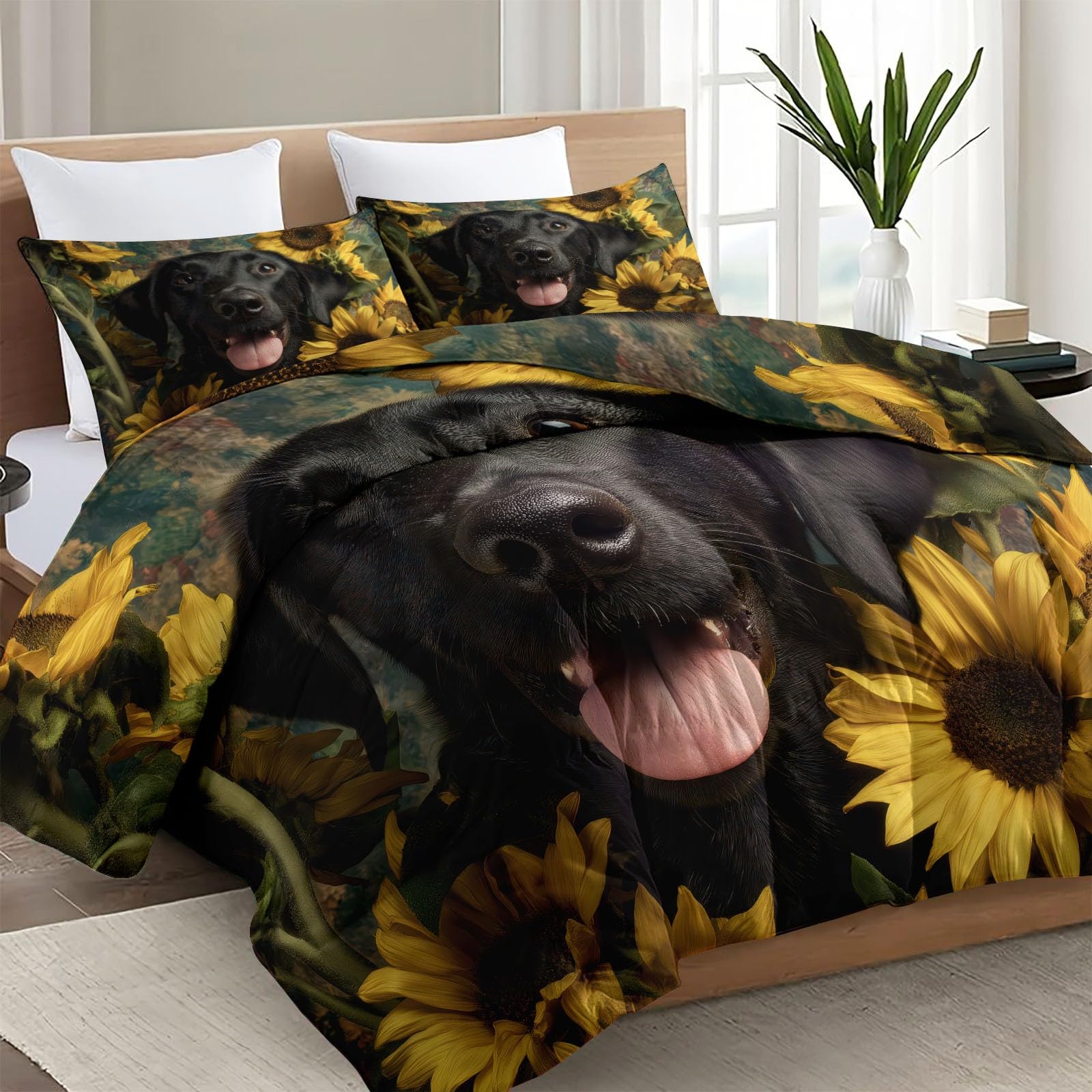 Zwierzęta labrador retriever, słonecznik, poszewka na kołdrę, rozmiar king size (230 x 220 cm), czarno-żółta, dwustronna, na każdą porę roku, z 2 poszewkami na poduszki, miękka i nadająca się do