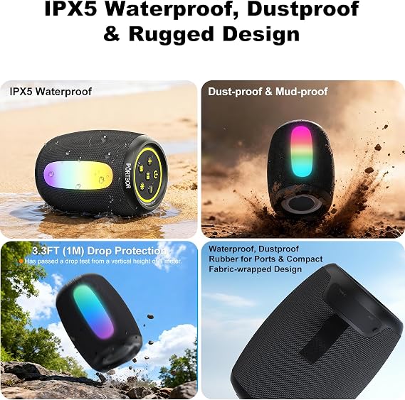 Portable Bluetooth Speaker Wireless, Powerful Stereo Sound, IPX5 Waterproof