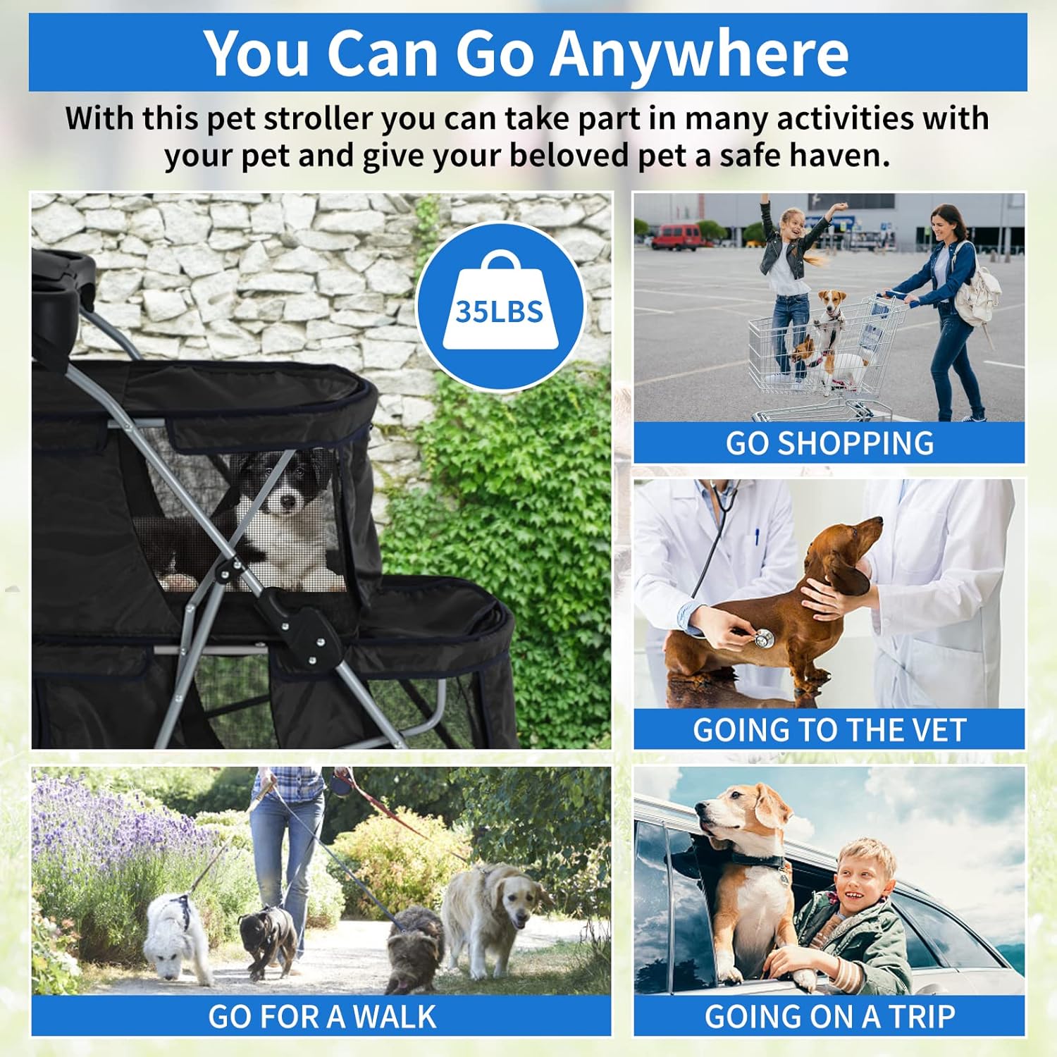 Dog Stroller 4 Wheels Cat Strollers Double Layer Pet Strollers Pet Carriers Jogger Stroller for Medium Dogs Cats Travel Camping Strolling Cart with Cup Holder Removable Liner, Black