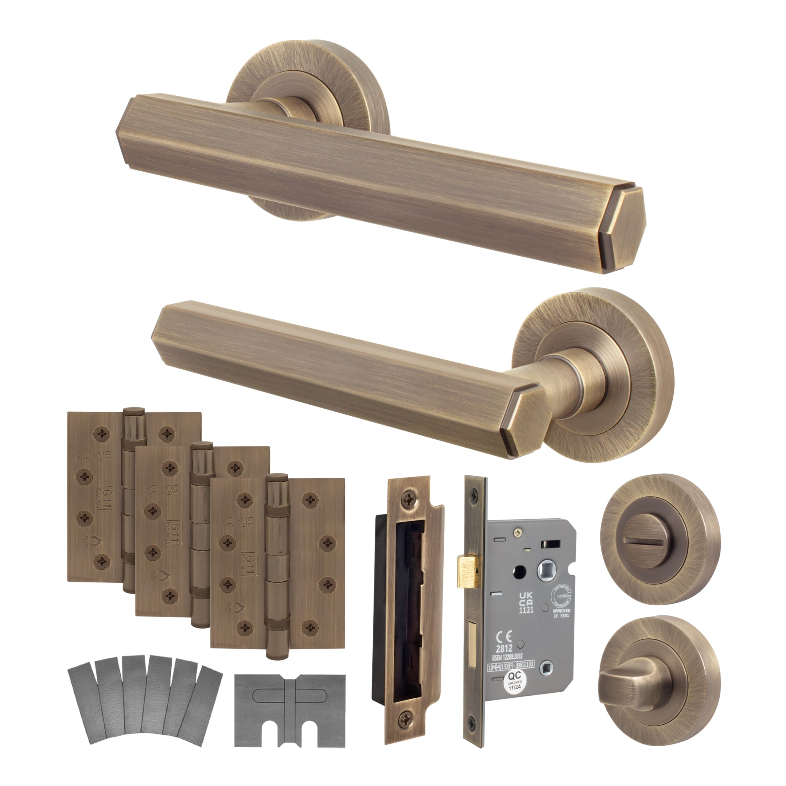Eai Antique Brass Fire Door Handle Bathroom Set, Internal Fire Rated Door Handle With 80Mm Bathroom Lock And 102Mm Hinges, Madre Range 1 Pack