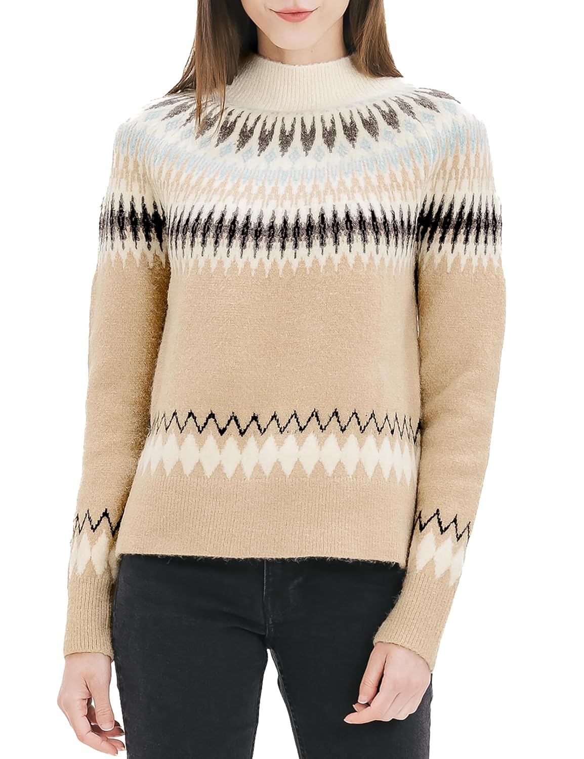 Cable Stitch Womens Long Sleeve Nordic Fair Isle Turtleneck Pullover Sweater Top