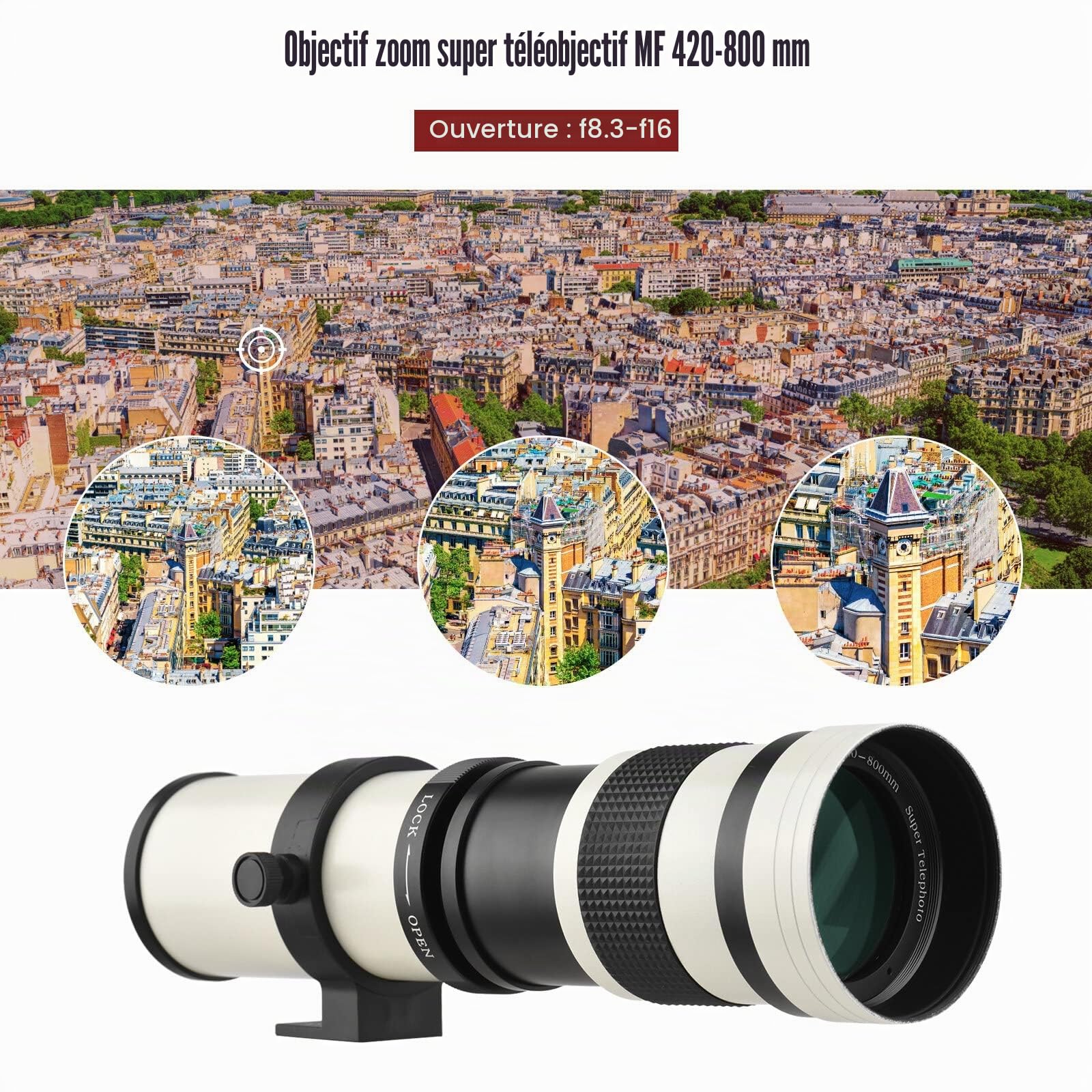 MF Super Téléobjectif Zoom F/8.3-16 420-800 mm Monture EF T Bague d'adaptation universelle 1/4