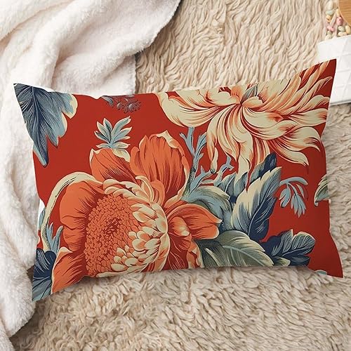 ArogGeld Cojín lumbar japonés de estilo asiático chinoiserie coral peonía floral funda de almohada flor de peonía verde azulado verde y rojo funda