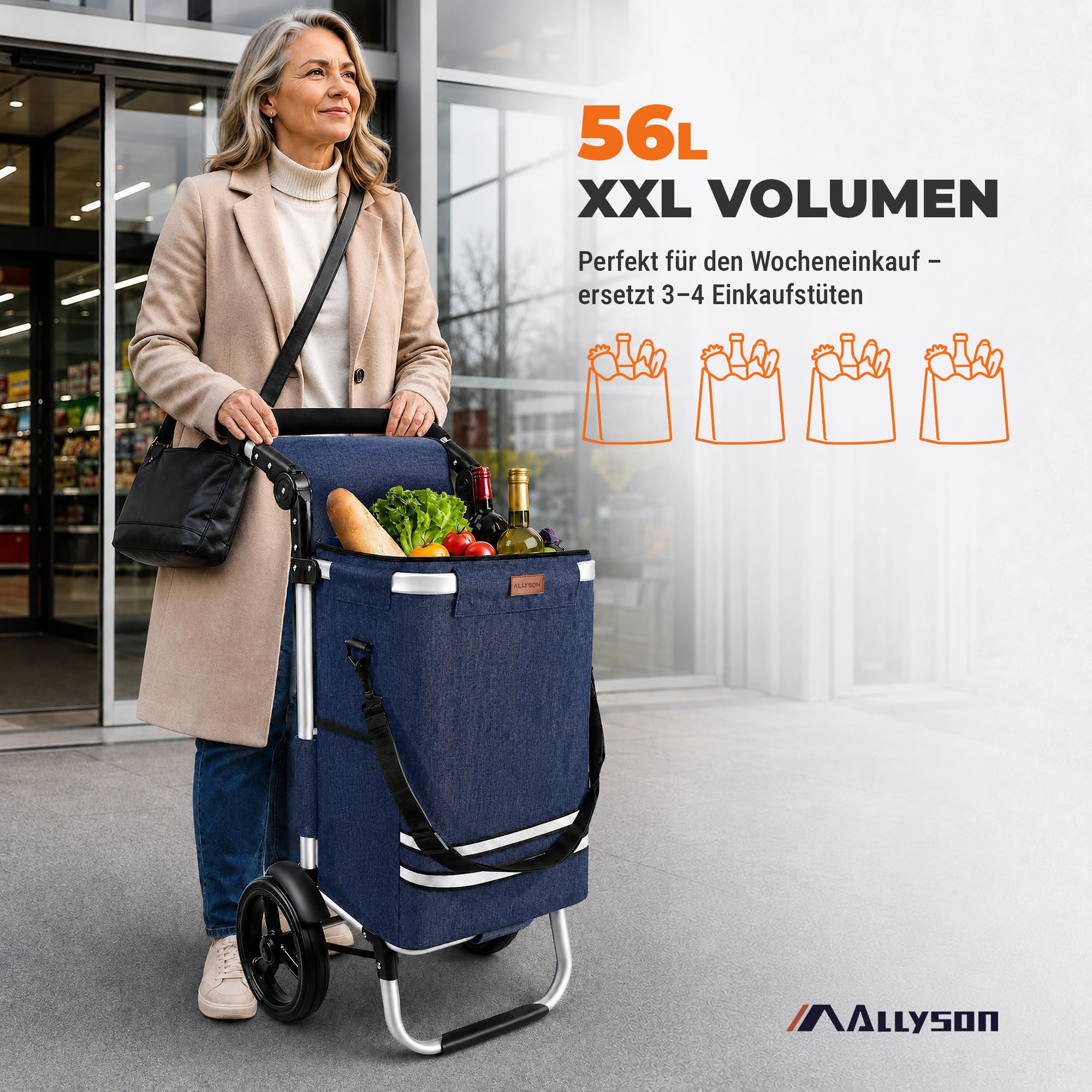 Allyson Einkaufstrolley klappbar mit 56L Kapazität ，3in1 Trolley Sackkarre & Umhängetasche，Einkaufstrolley mit Reflektoren | inkl. Kühlfach & Einkaufswagenchip (Denim)