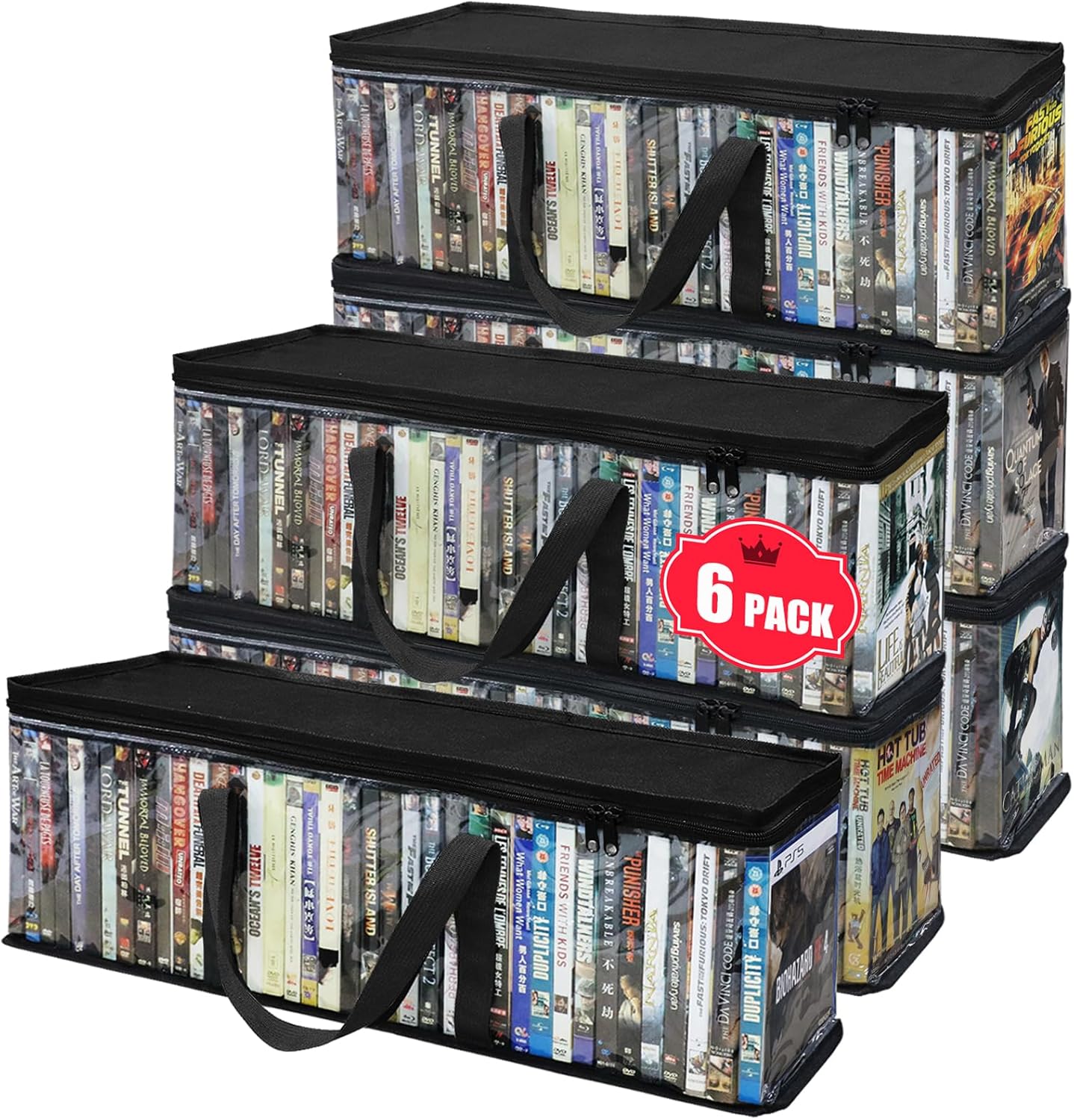 DVD Blu-ray Storage Case, Set of 6 Clear DVD Storage Boxes with Handles, Stackable Bags Holds Up to 240 DVDs (40 Each), Also Ideal for Video Gamse Cases, CDs