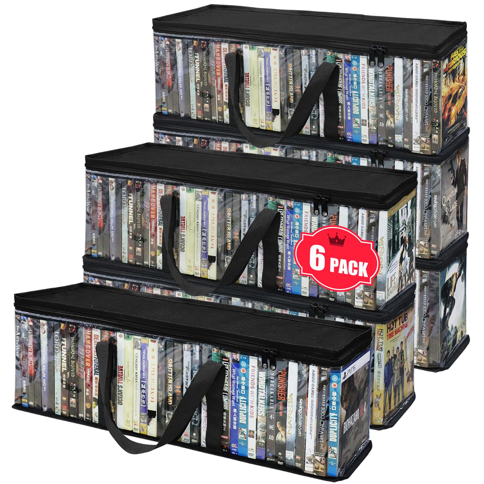 DVD-Aufbewahrungstaschen, 6 Stück, für 240 DVDs (je 40 Stück), wasserfeste, transparente PVC-Hülle mit Griffen, stapelbare Medien-Aufbewahrung für Blu-Ray, CDs, Videospiele