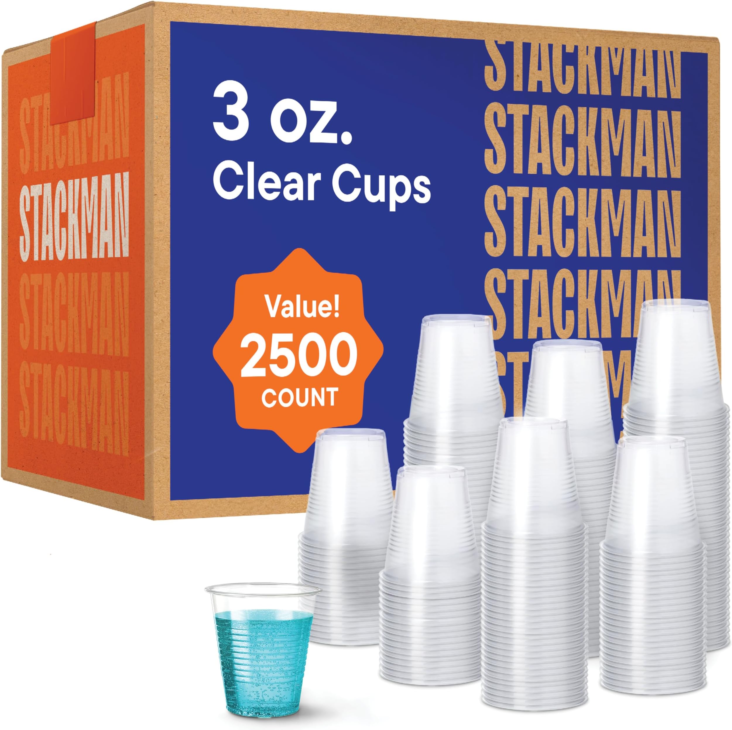 Stack Man Case of 2,500 – 3 oz. Disposable Clear Plastic Cups, 100 Count Packages (25/100)