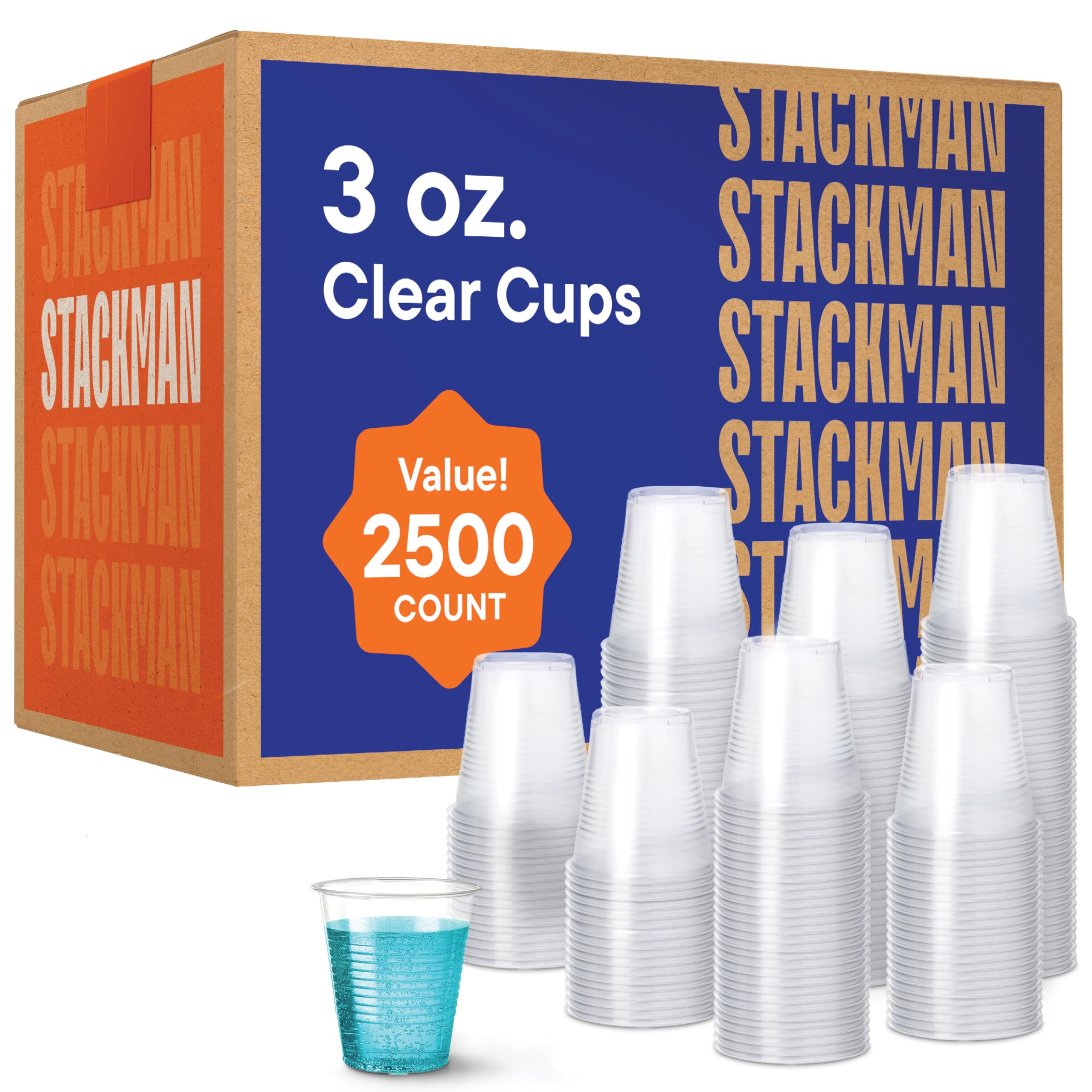 Stack Man Case of 2,500 – 3 oz. Disposable Clear Plastic Cups, 100 Count Packages (25/100)