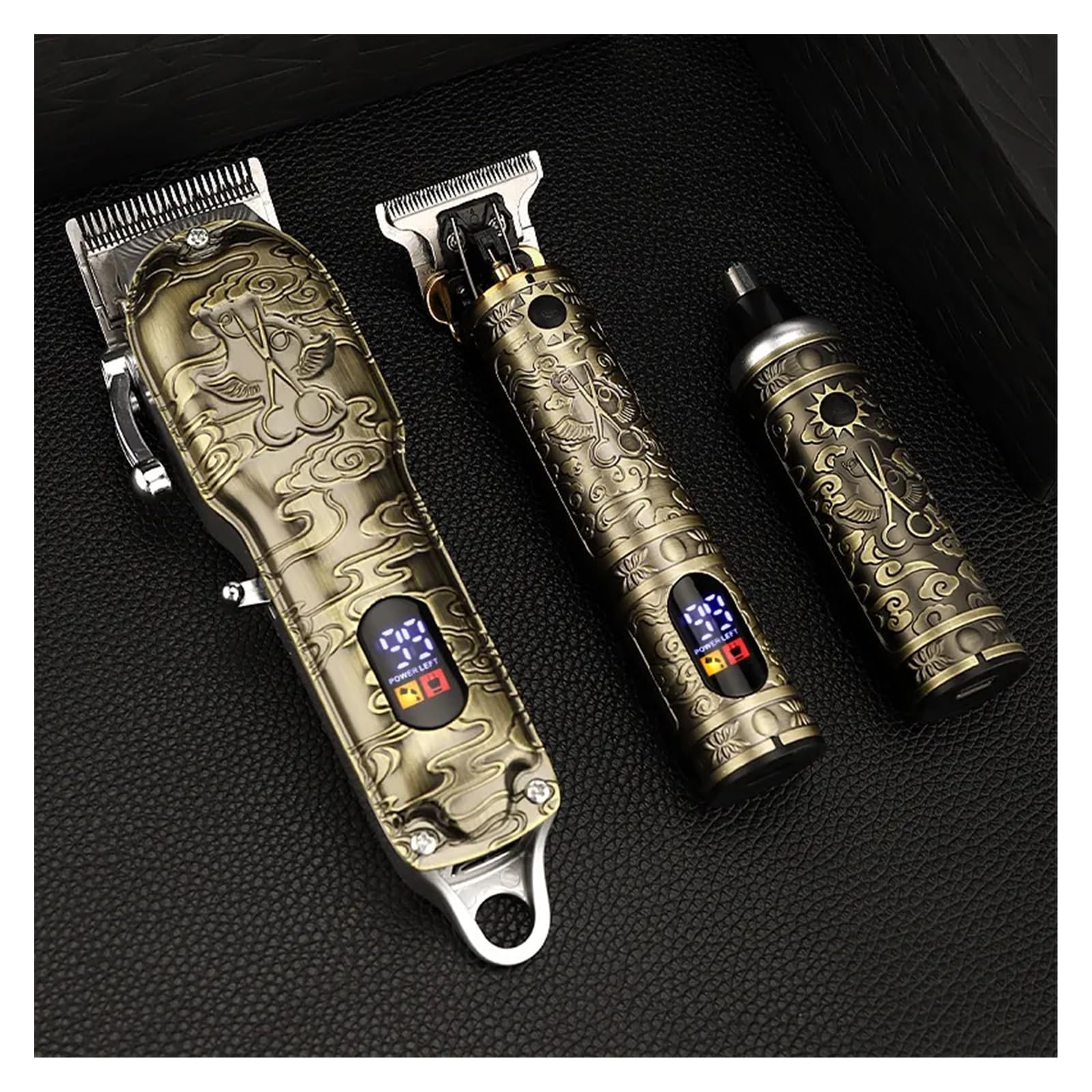 Set di rasoi da barbiere elettrico professionale con testa di olio, spintore per intaglio e cesoia, rasoio per naso e capelli, confezione regalo (bronzo)