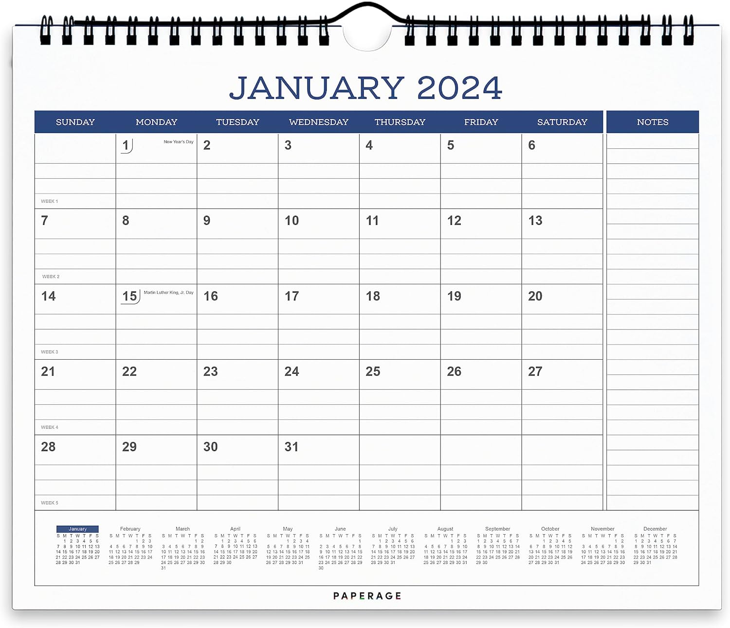 PAPERAGE Calendar 2024-12 Month (Navy), Minimalist Wall and Desk Calendar with Monthly Views and Yearly Plans – Small (9 in x 11 in) : Office Products