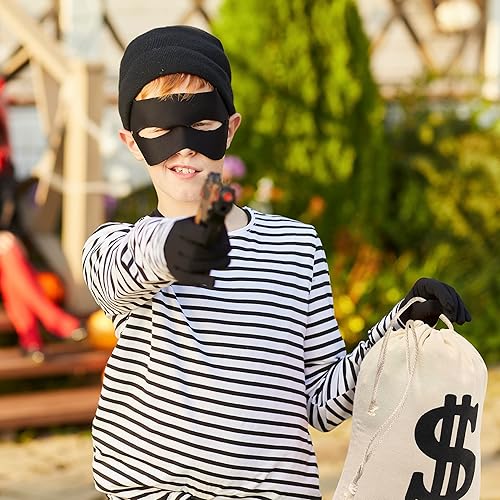 Miniatura 5 de Juego de disfraz de ladrón de Halloween, 6 piezas de disfraz de Halloween incluye falda de manga larga a rayas, falda tutú negra, guantes de punto,