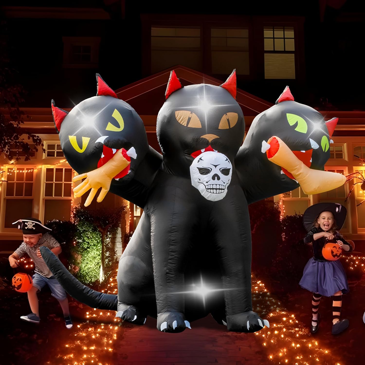 6.5 FT Halloween Inflatables Outdoor Black Cat with 3 Heads,Blow Up Yard Decoration with Magic Built-in LED Lights for Halloween Party Outdoor Yard Garden
