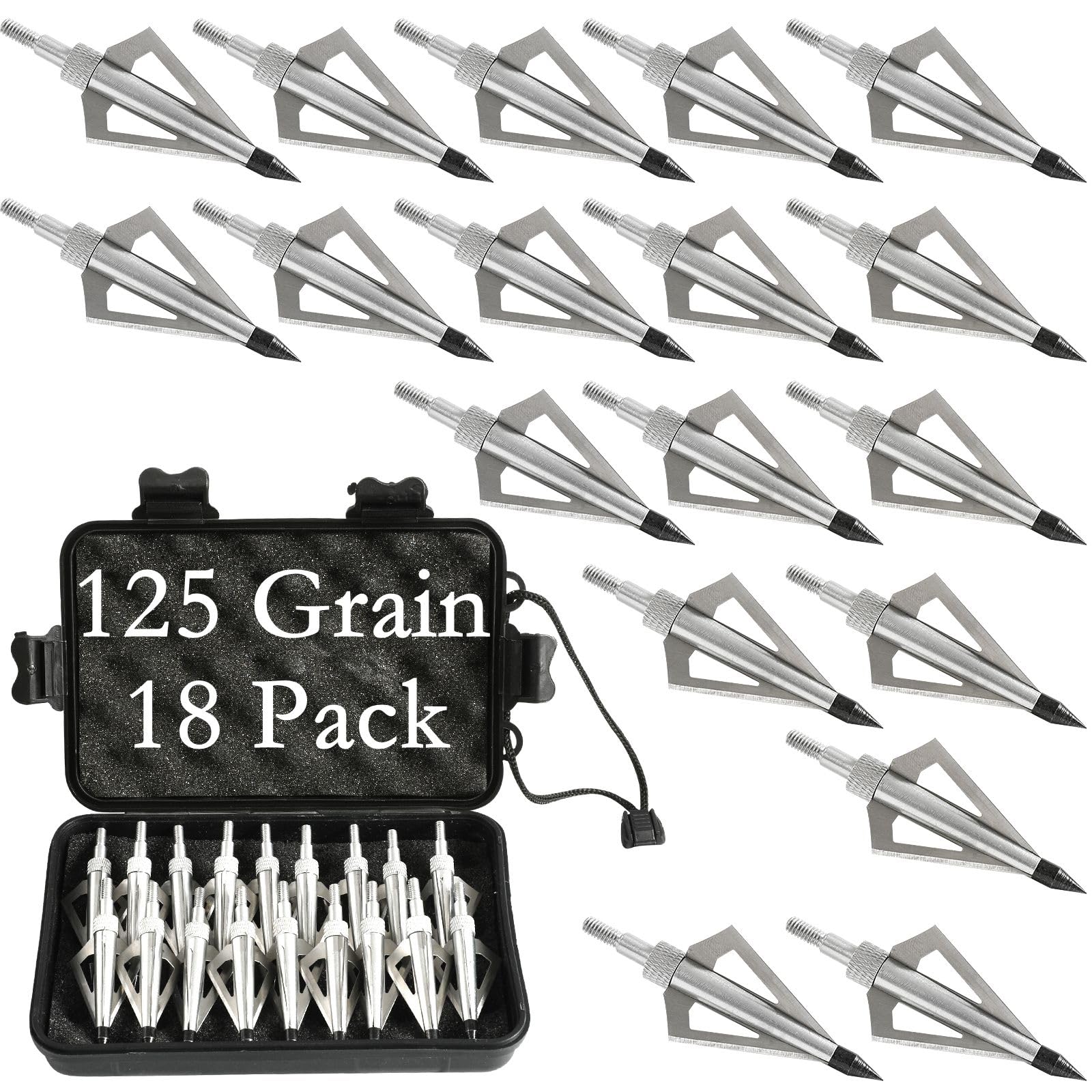 18 Pack Hunting Broadheads with Storage Case, 100/125 Grain Archery Broadheads, 3 Blade Archery Arrows Hunting Points Metal Tips Compatible with Crossbow and Compound Bow