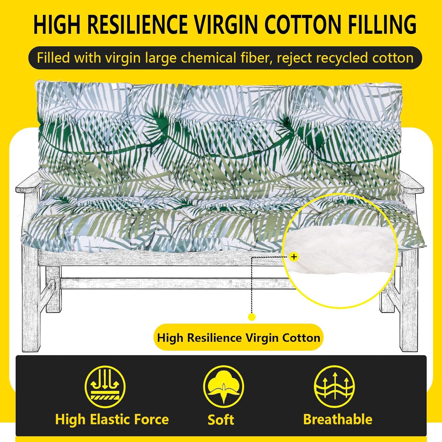Swing Replacement Seat Cushions, 2-3 Seater Bench Cushions for Outdoor Furnitur with Backrest, Waterproof Porch Swing Cushion for Outdoor Furniture Patio Garden Pad(Bamboo Leaves 47x40in)