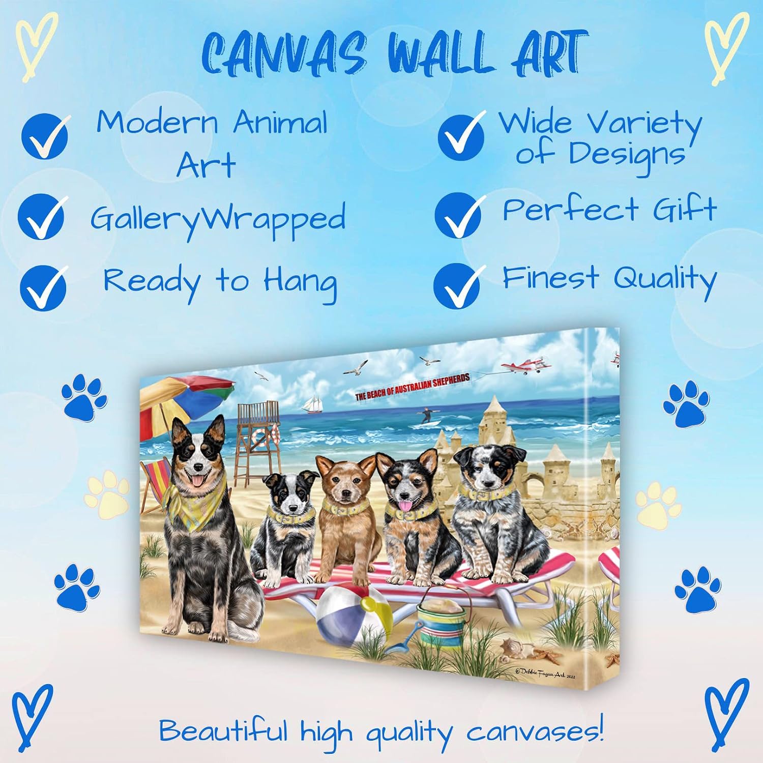 Doggie of the Day Pet Beach Family with Australian Cattle Dogs Canvas Wall Art - Premium Quality Ready to Hang Room Decor - Flat Rolled 16" x 20"