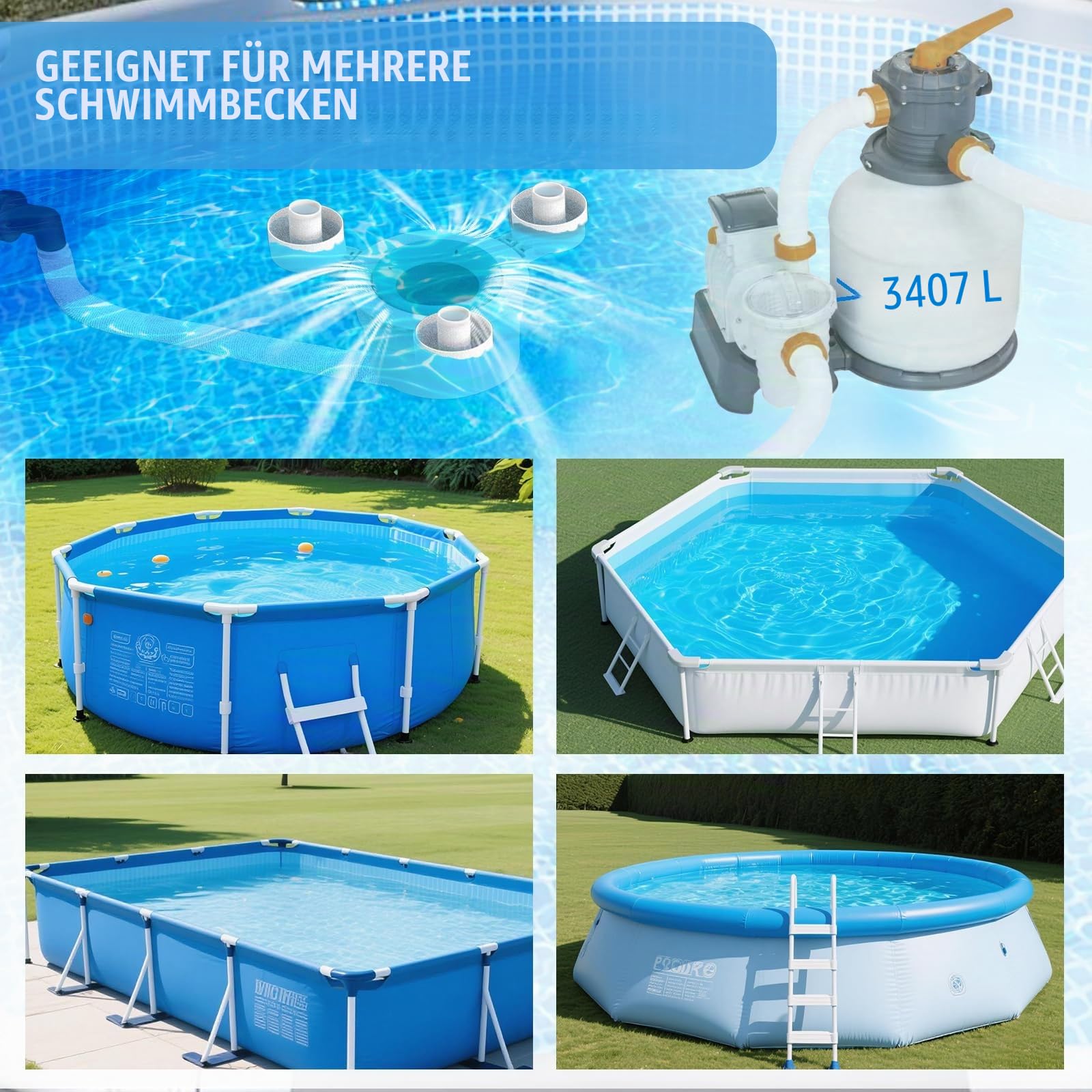 Above Ground Pool Skimmer,No Installation Required, no Adjustable Bracket Required,Comes with 10 Filter Socks, Tri-Float Spin Pool Skimmer,This is the Latest Upgrade.