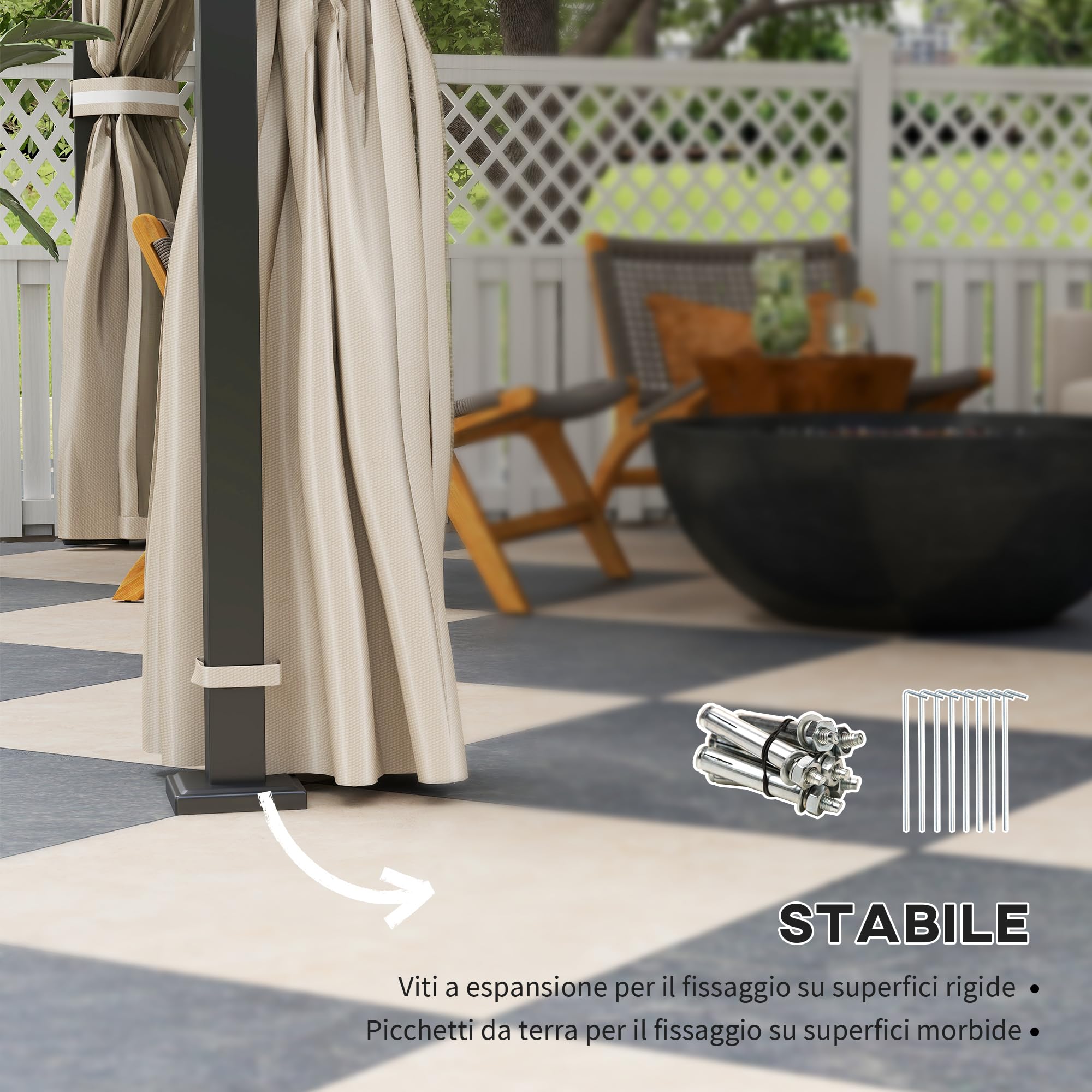 Outsunny Gazebo da Giardino 3.7x3m con Zanzariere, Doppio Tetto, Fori di Drenaggio e Pareti Laterali, Gazebo da Esterno in Metallo e Poliestere, per Giardino, Feste, Campeggio, Protezione UV, Beige