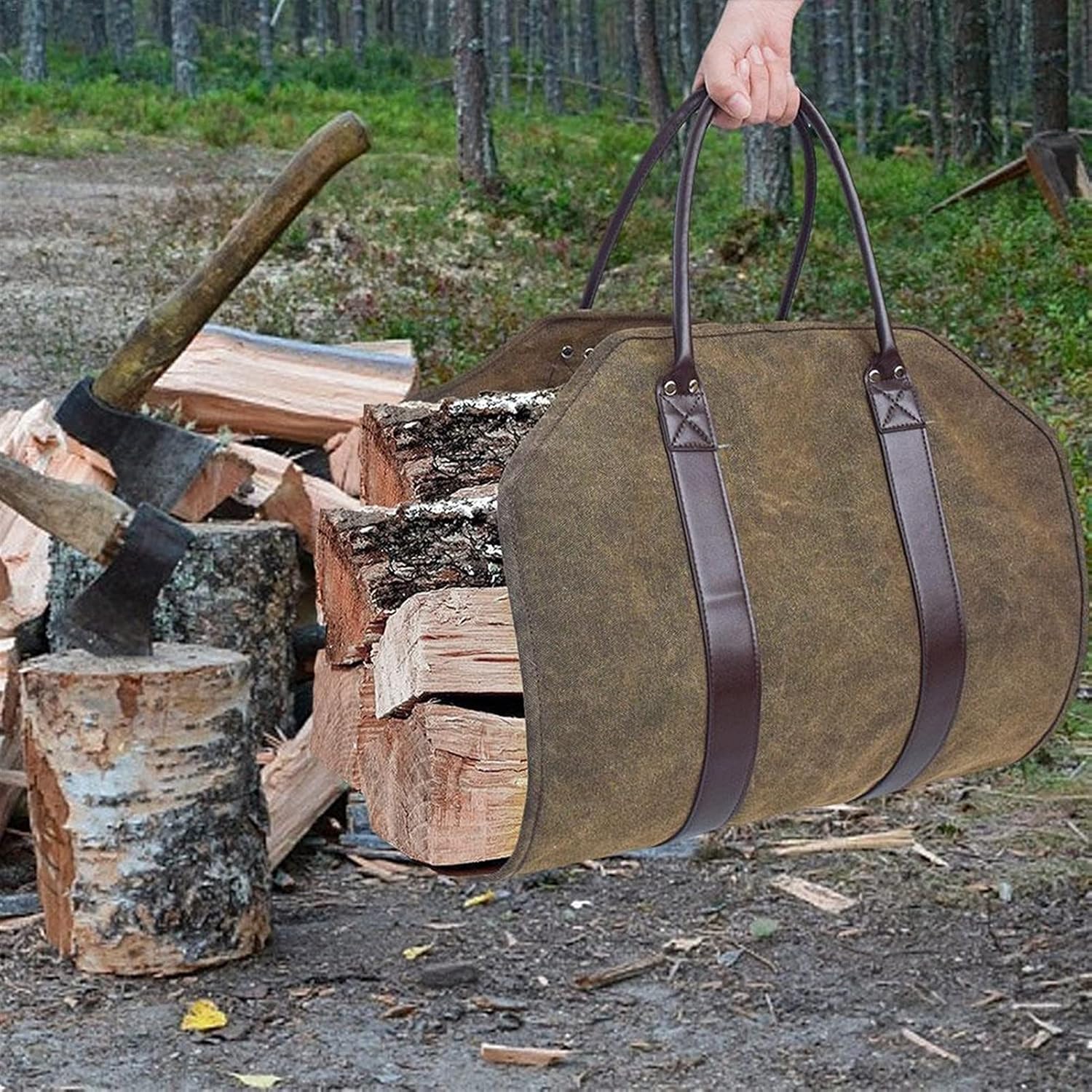 GRFIT Log Tote Carrying Bag Canvas Firewood Wood Carrier Bag Camping Outdoor Holder Carry Storage Bag Wood Canvas Bag Firewood Bag for Fireplace