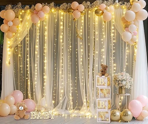 Miniatura 10 de Cortinas de fondo de tul amarillo con cadena de luces para sesión de fotos de fiesta de cumpleaños, 2 paneles de 5 x 8 pies, cortinas de fondo