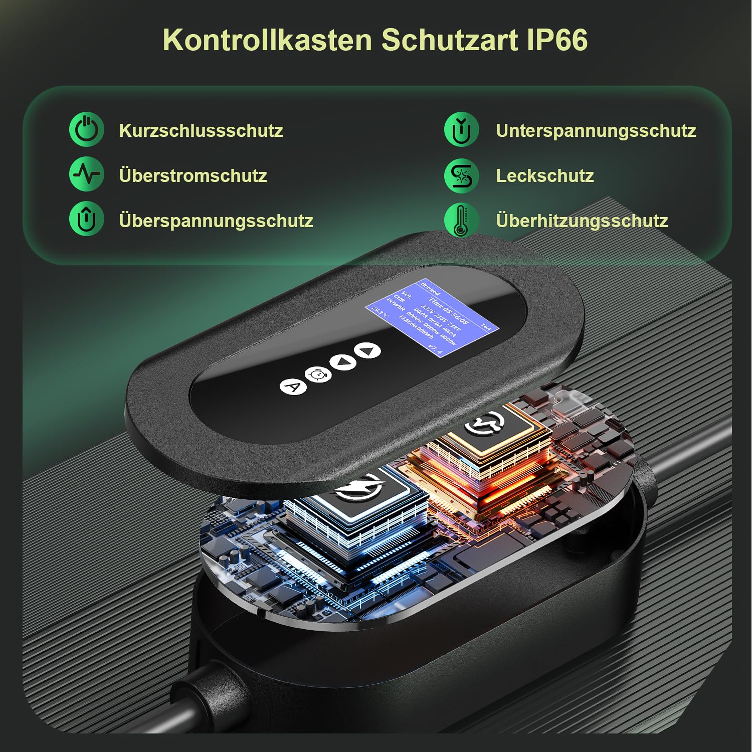Mobile Wallbox 11 kW mit CEE 16A Stecker (3-phasig), 6 m Typ-2-Ladekabel, 8–16 A einstellbar, Mobile Ladestation mit Stromzähler & 0–24 h Timer, für BEV & PHEV, Schwarz