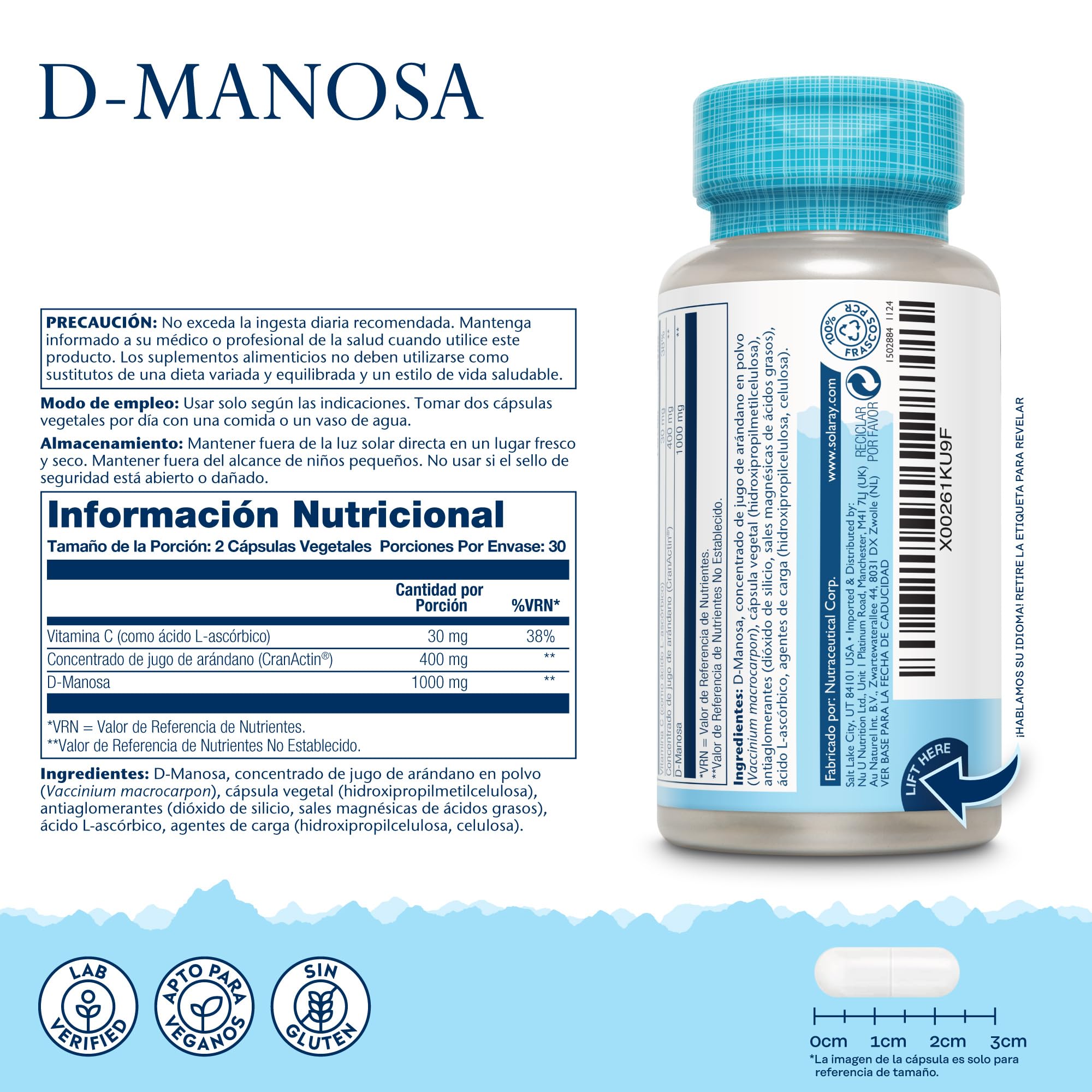 D-manosa con cranactina, arándano y vitamina C, 60 cápsulas veganas, no tabletas, suplemento de manosa D, sin OMG y verificado en laboratorio. Solaray