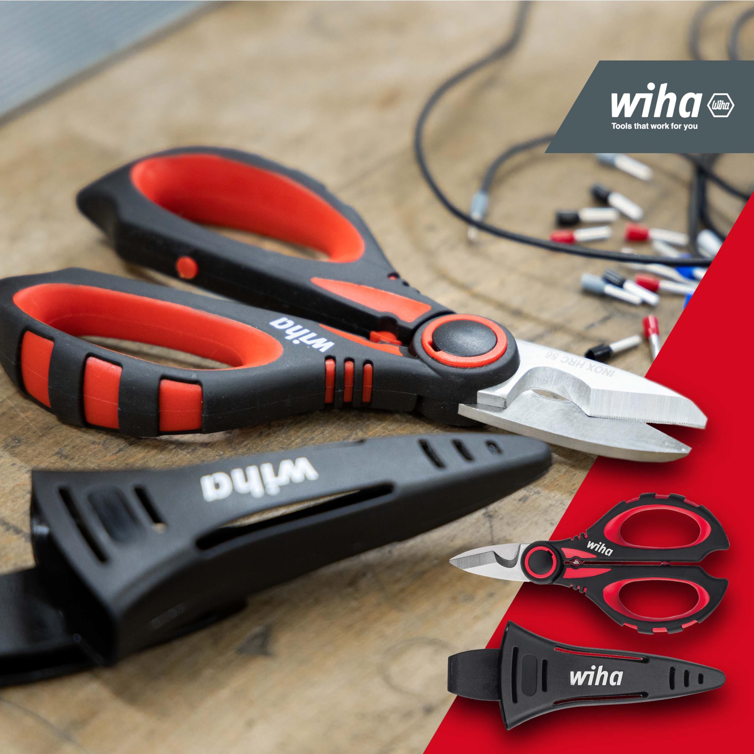 Wiha 160 mm SB Prof. Elec – Câble Ciseaux avec fonction à sertir, pour le raccourcissement, abmanteln, dénuder & sertir de câbles, avec étui de protection avec clip Z71716006SB