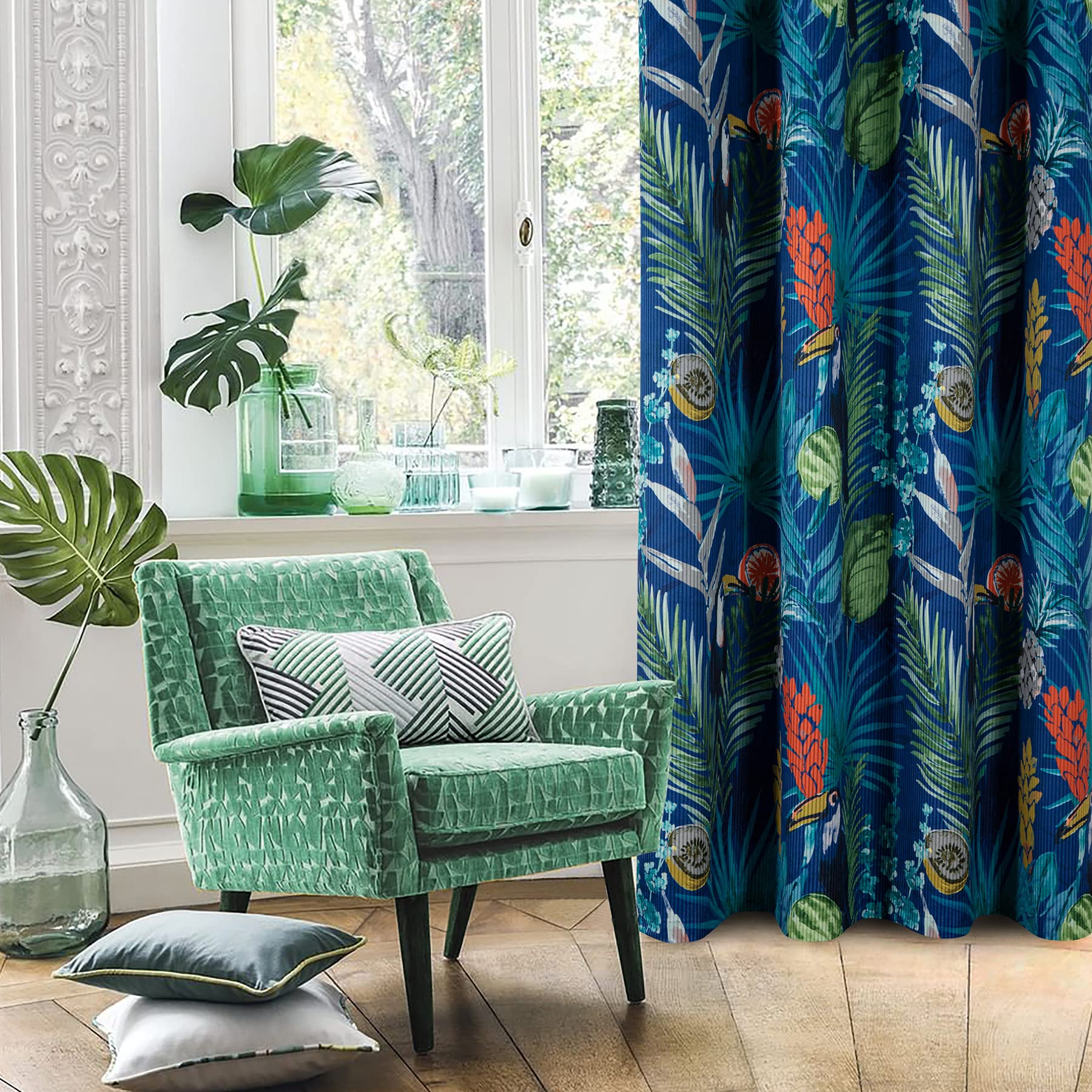 always4u Blackout Curtains For Living Room Velvet Birds And Tropical Plants Printed Treatments Eyelet Lined Window Drapes 2 Panels Blue Green 90x90 Inches โ image 1