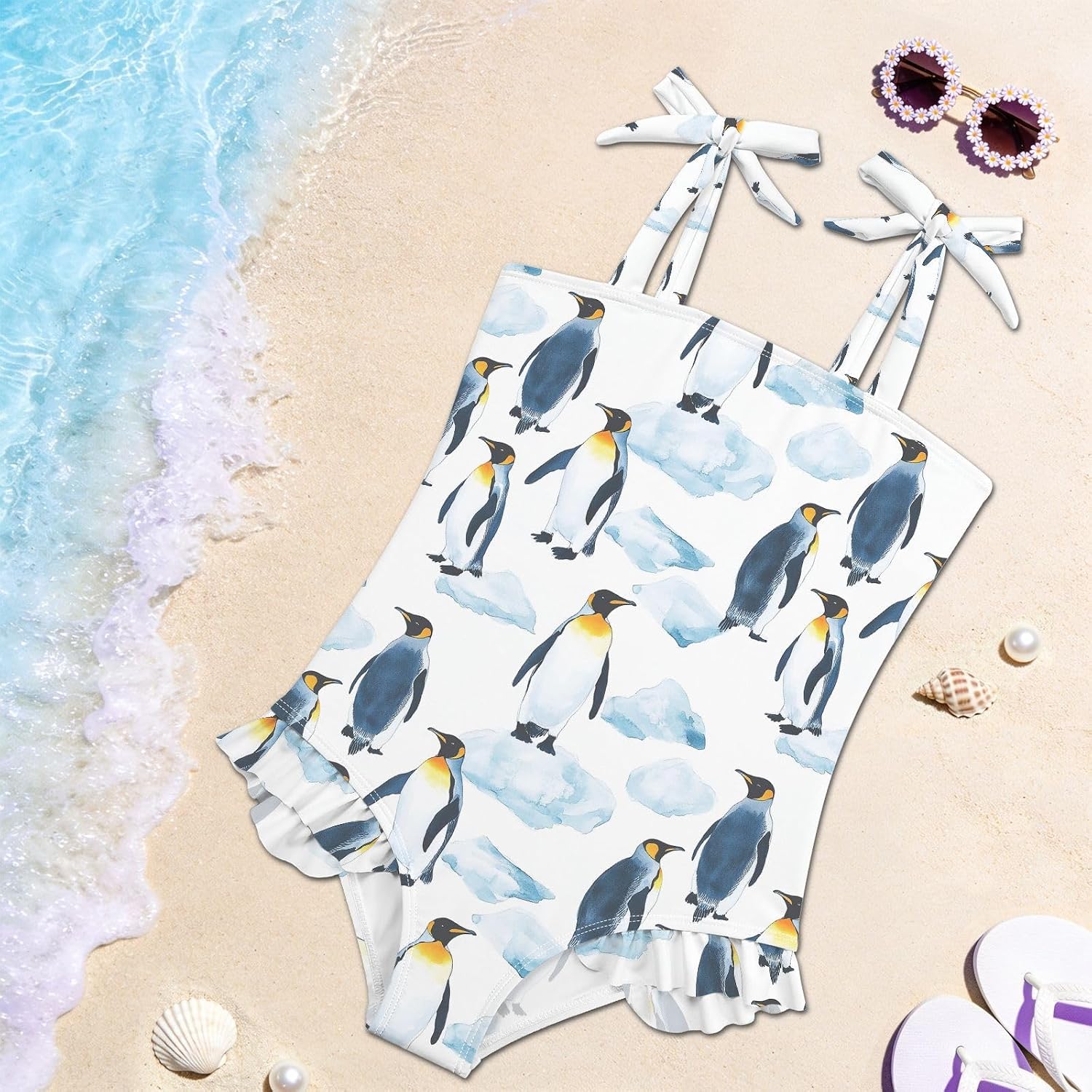 visesunny Toddler Girl Swimsuit Adjustable Strap Swimwear Emperor Penguin Ice Floe Bathing Suits for Girls 18M-6Y