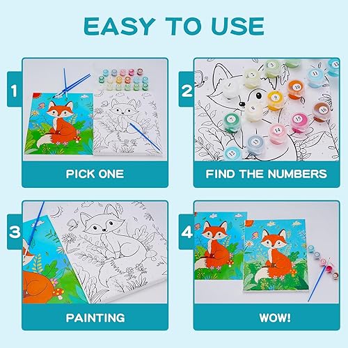 Miniatura 3 de Volmop Paquete de 3 pinturas por números para niños de 8 a 12 años, 10 x 8 pulgadas, lienzo enmarcado con 17 pinturas acrílicas y 6 pinceles Fox