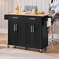 Yaheetech 49-Inch Rolling Kitchen Island Cart with Drop Leaf, Rubberwood Top, Storage Cabinets, Drawers, Black