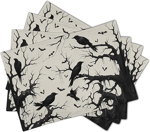 Miniatura 2 de Juego de 4 manteles individuales de lino de Halloween de cuervo de 12 x 18 pulgadas, cuervos y murciélagos en el bosque, resistentes al calor,
