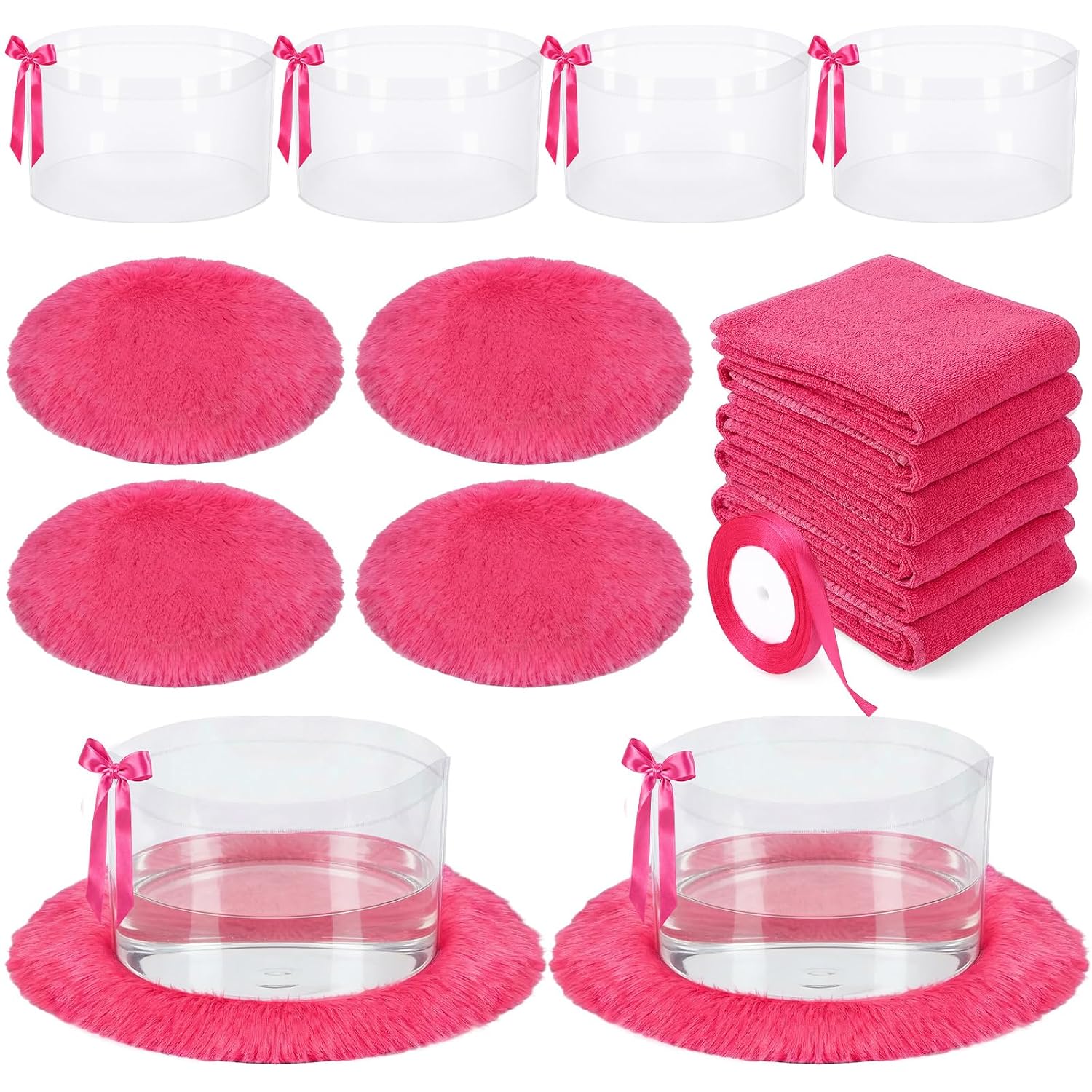 HunnmingRe 18 Pcs Foot Spa Kit for Pink Spa Sleepover Party Supplies with 6 Foldable Foot Soaking & 6 Towels & 6 Floor Mats Matching Ribbon for Women Gift