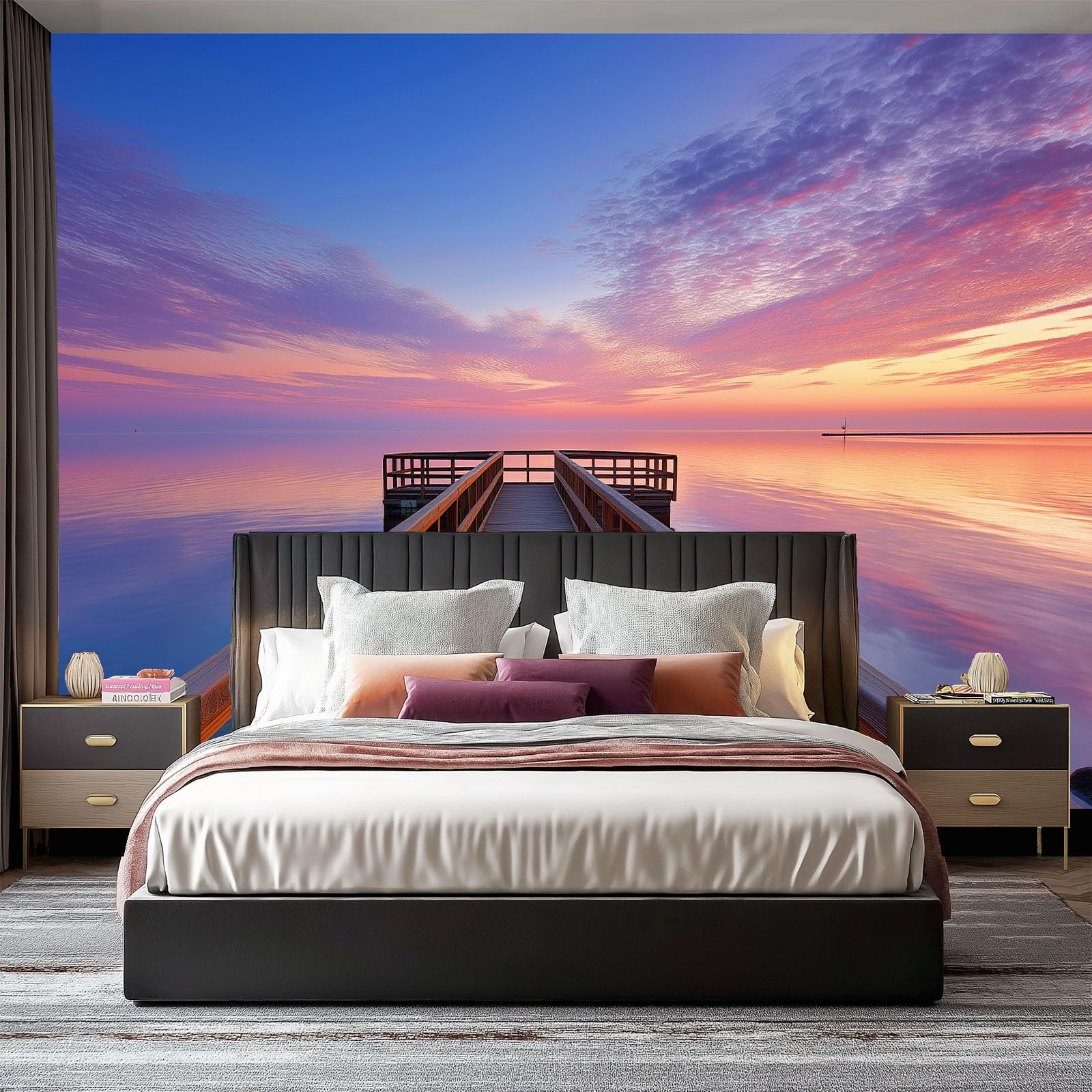 Tapeta ścienna 3D terapeutyczna sceneria, wielokolorowa włóknina mural molo zachód słońca 250 x 175 cm tapeta dekoracja domu do mebli sypialni salonu łazienki kuchni